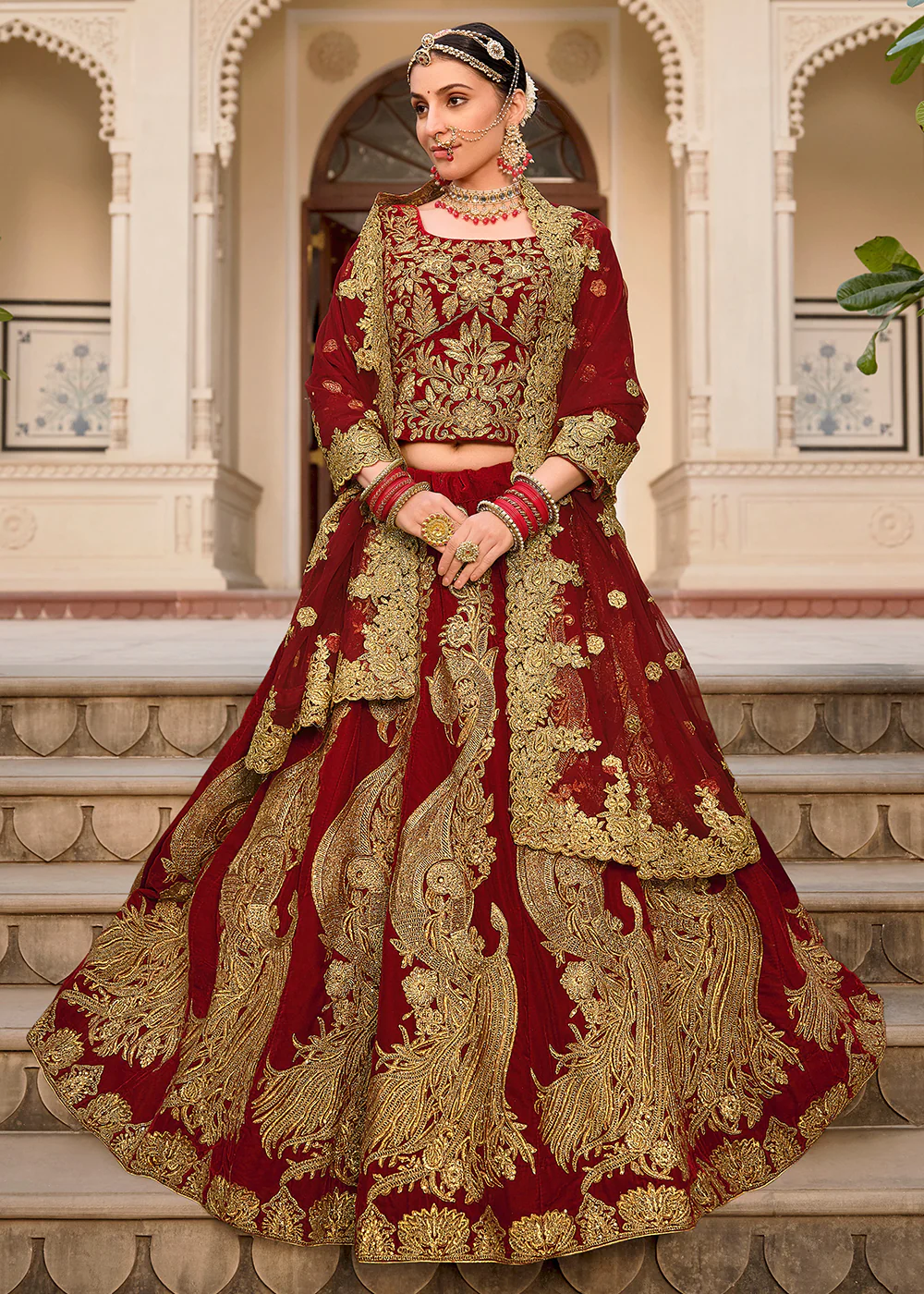 Maroon & Gold Embroidered Velvet Wedding Lehenga Choli