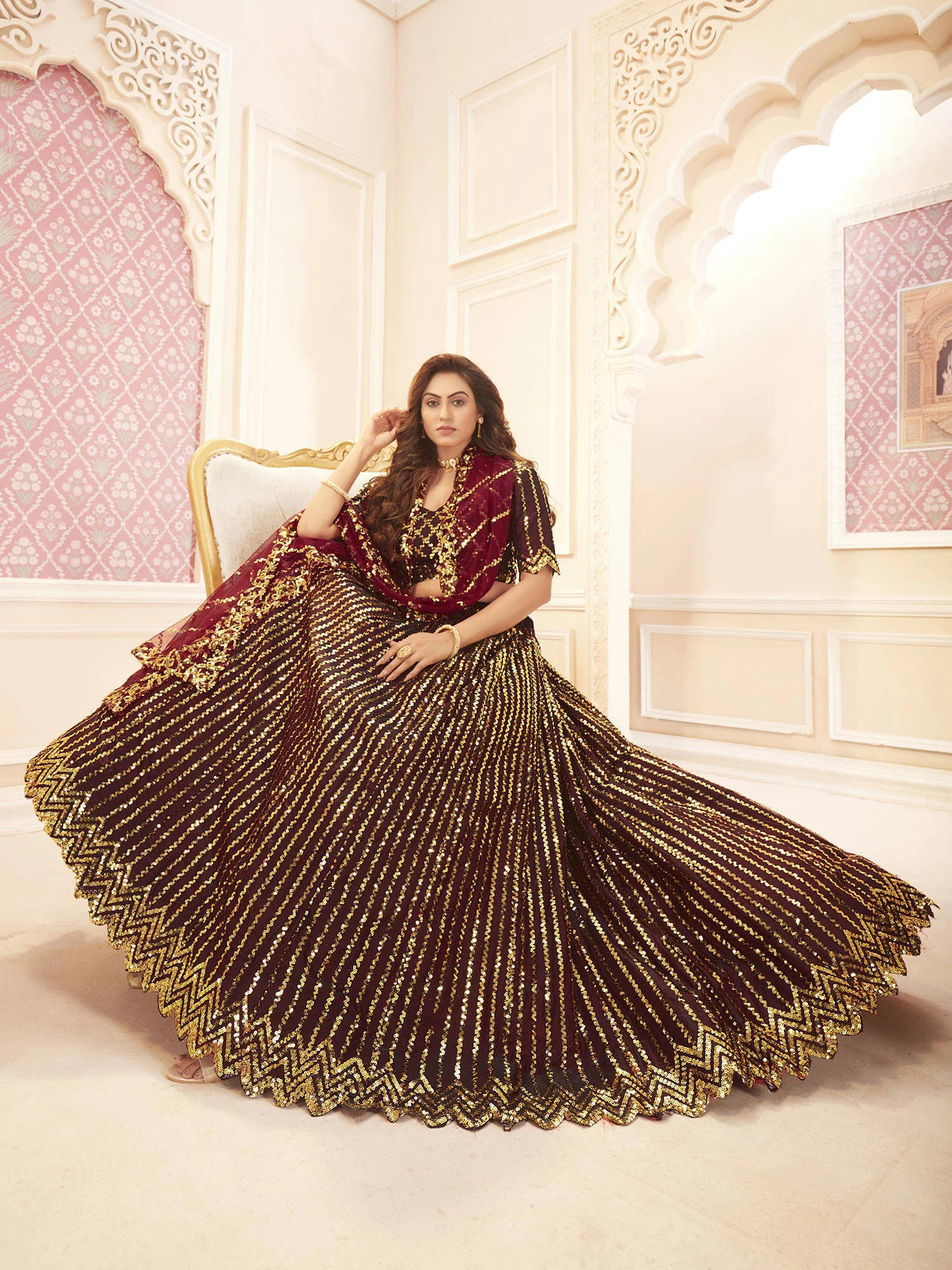 Maroon & Golden Sequins Embroidered Wedding Lehenga Choli - Image 4