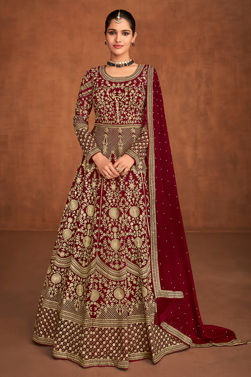 Maroon Gown Style All Over Embroidered Anarkali Suit