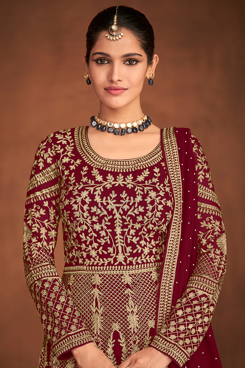 Maroon Gown Style All Over Embroidered Anarkali Suit - Image 2