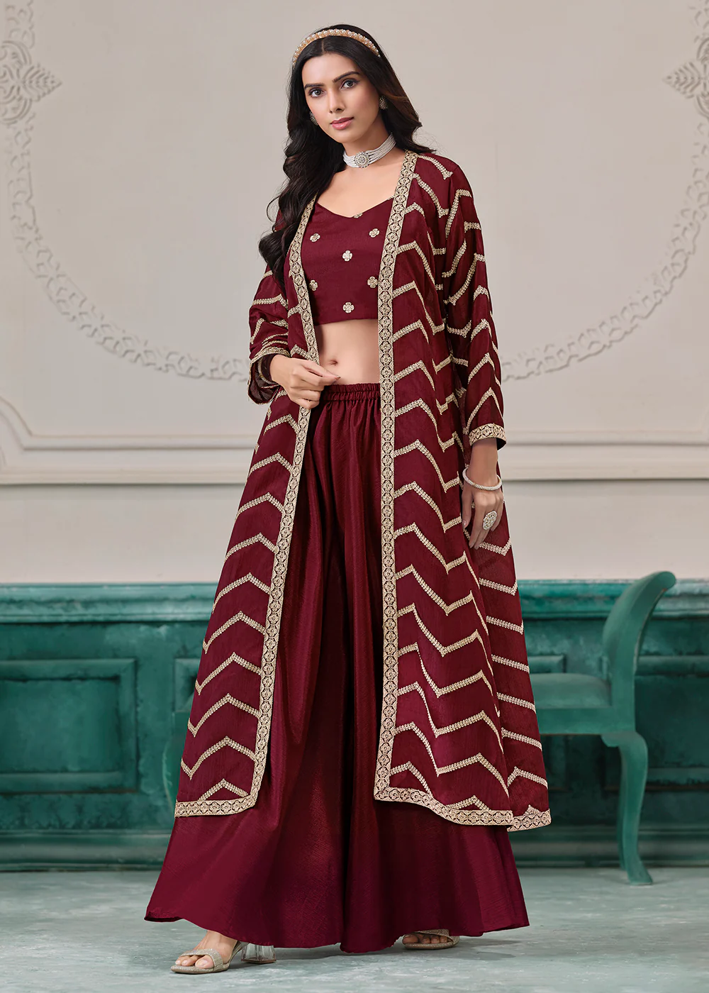Maroon Jacket Style Indo Western Sharara Suit