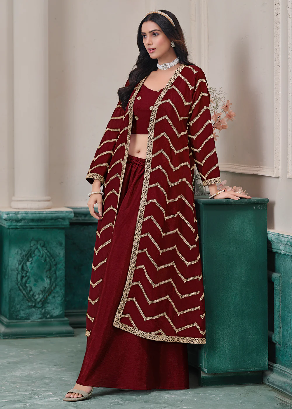 Maroon Jacket Style Indo Western Sharara Suit - Image 3