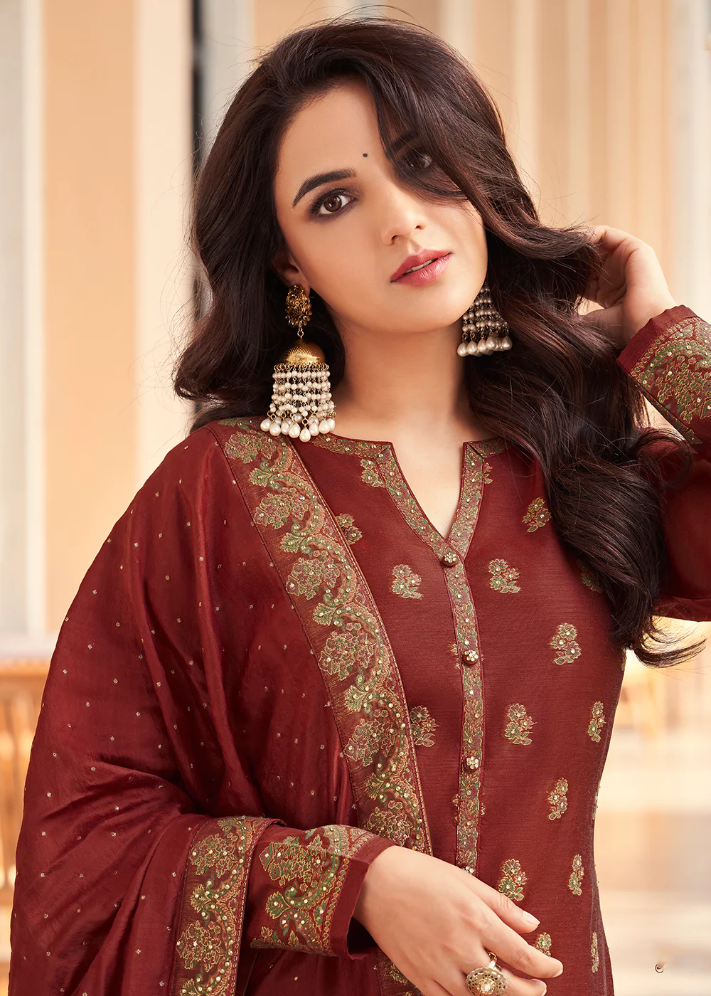 Maroon Jacquard Embordered Festive Pant Salwar Suit - Image 2