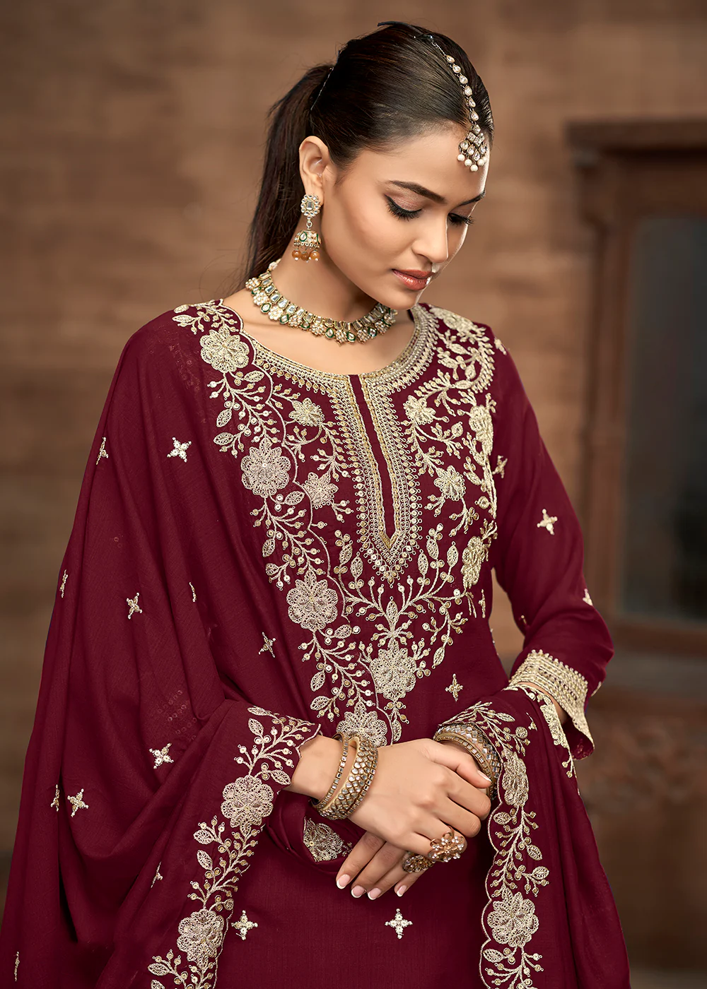 Maroon Kurti Style Embroidered Silk Lehenga Style Suit - Image 2