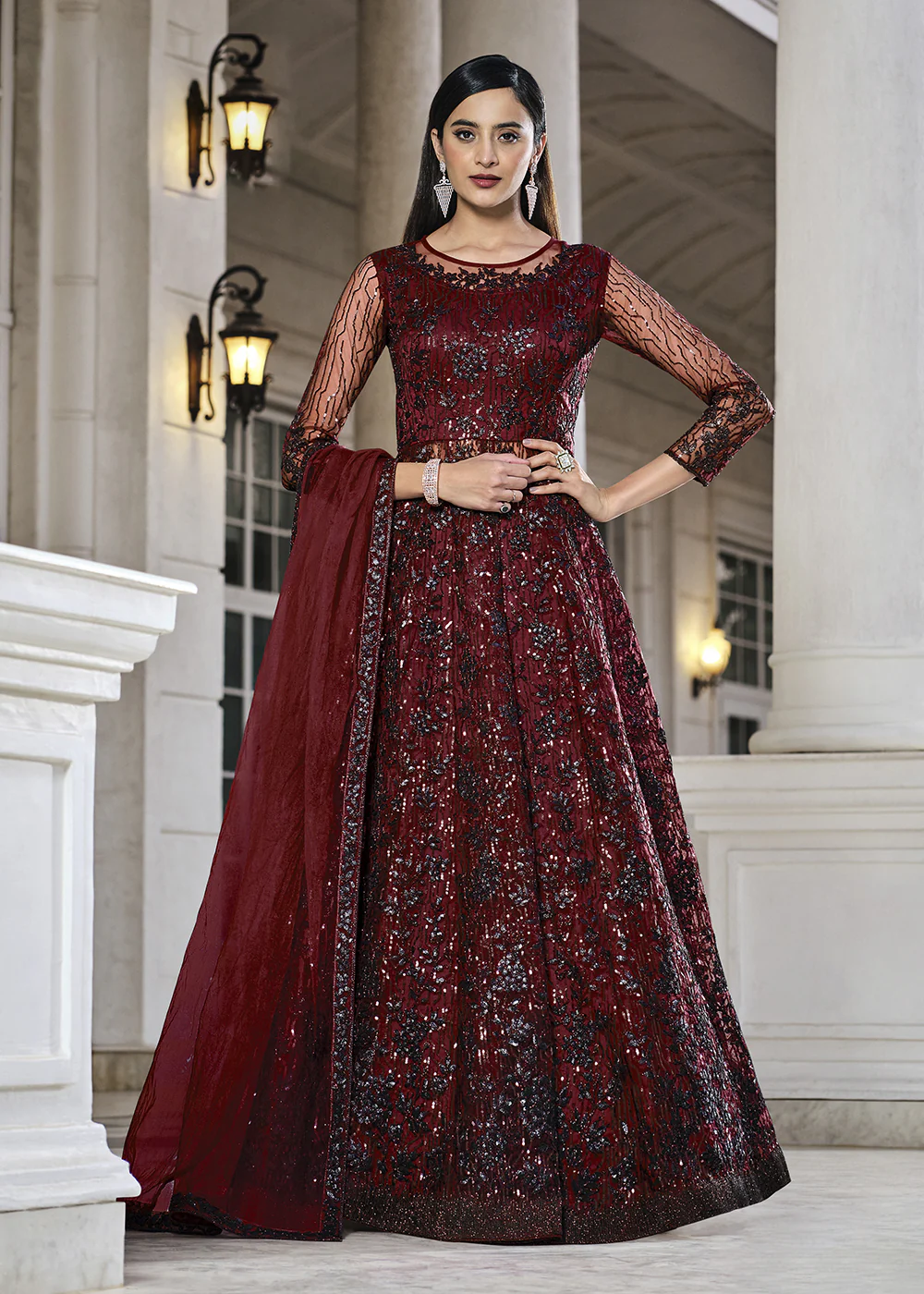 Maroon Lehenga/Pant Style Embroidered Designer Anarkali Suit