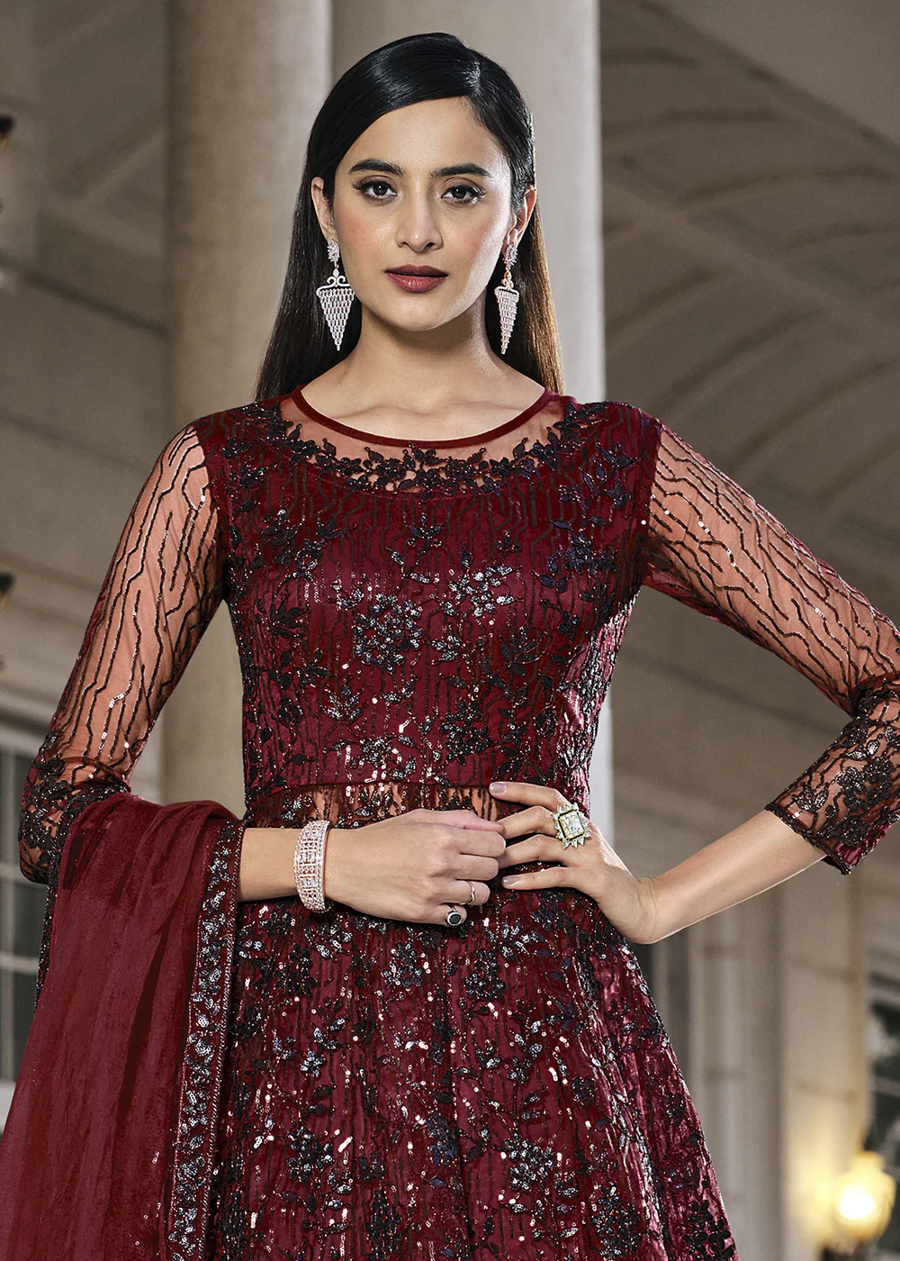 Maroon Lehenga/Pant Style Embroidered Designer Anarkali Suit - Image 2