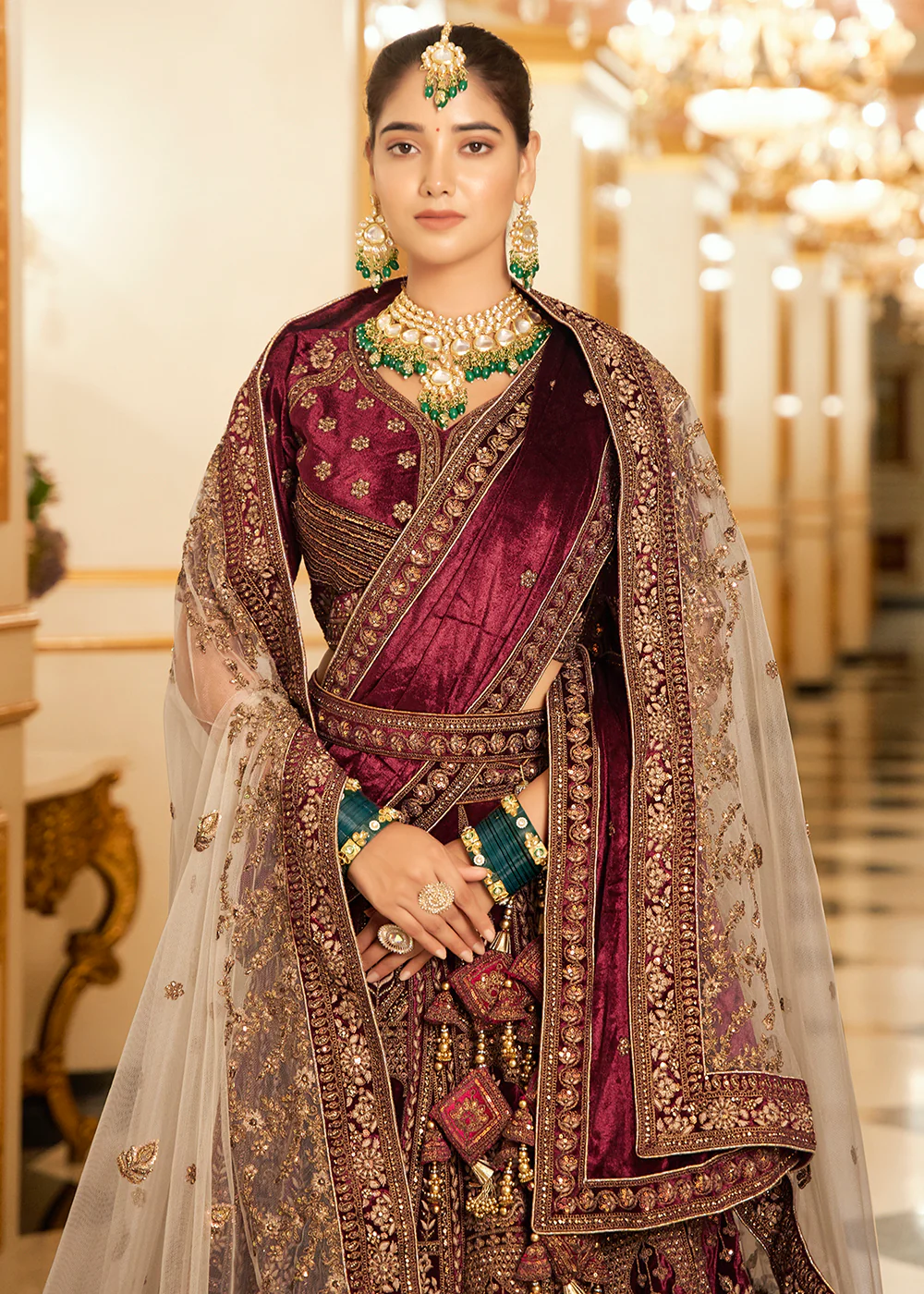 Maroon Lycra Velvet Embroidered Designer Lehenga Choli - Image 2