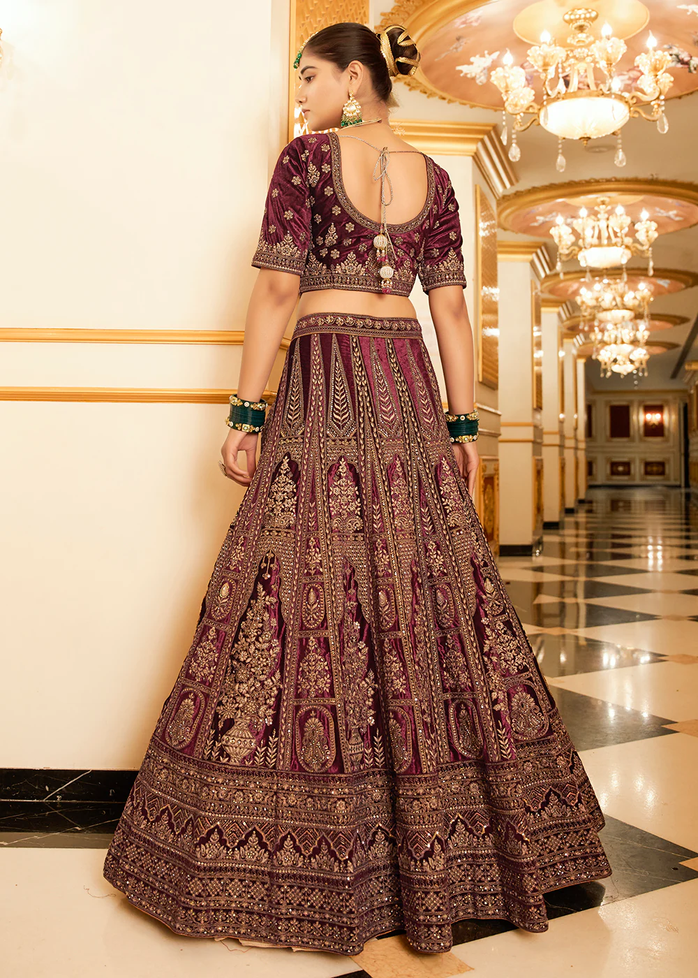 Maroon Lycra Velvet Embroidered Designer Lehenga Choli - Image 3