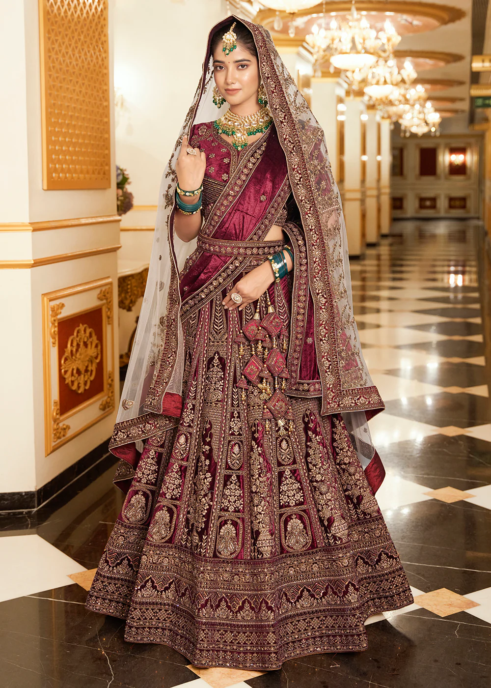 Maroon Lycra Velvet Embroidered Designer Lehenga Choli - Image 4