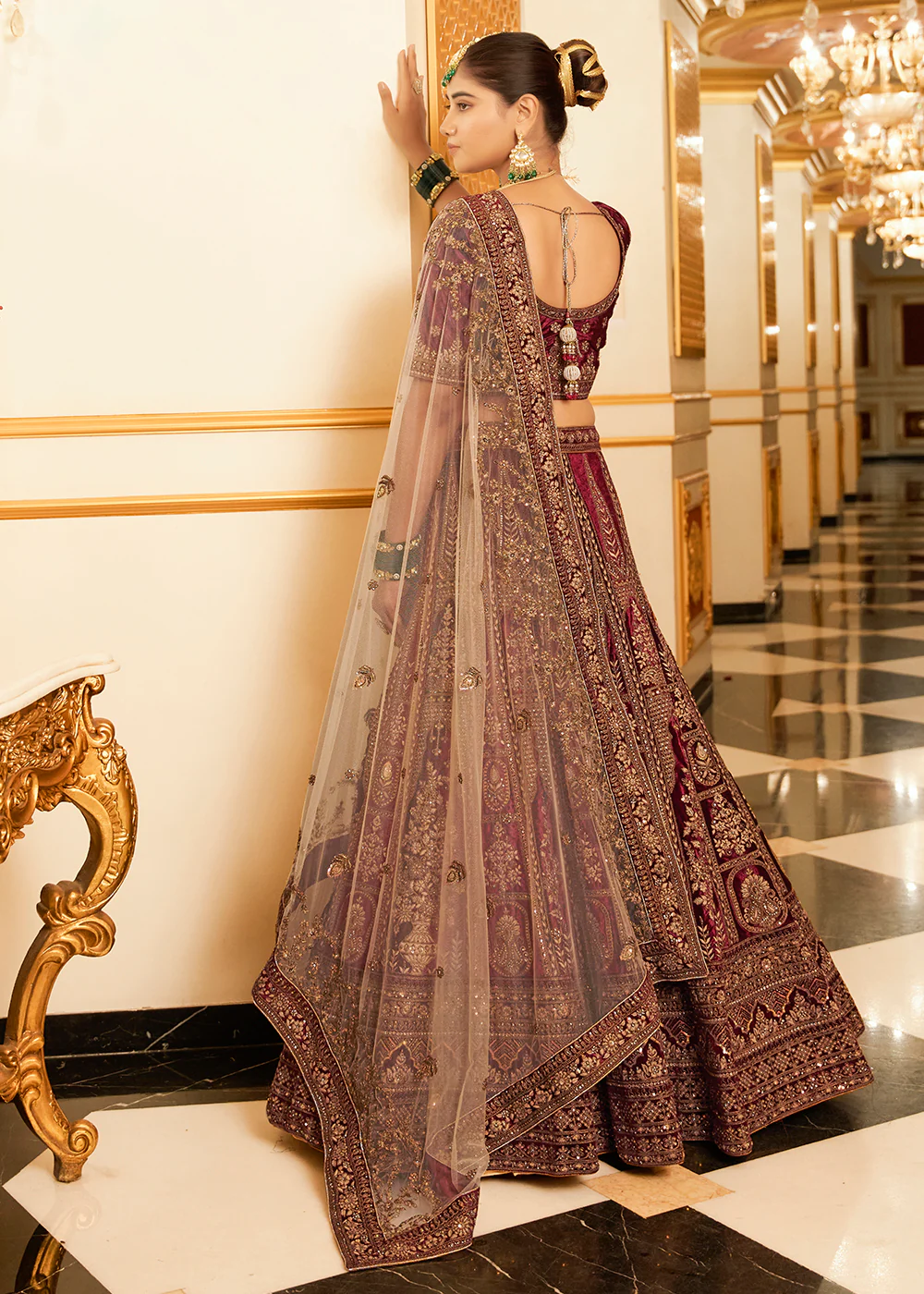 Maroon Lycra Velvet Embroidered Designer Lehenga Choli - Image 6