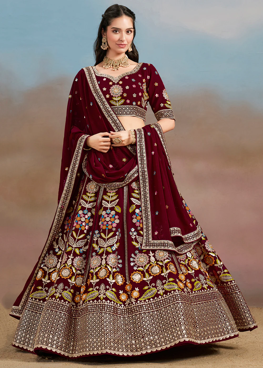 Maroon Multi Color Threads Work Festive Lehenga Choli
