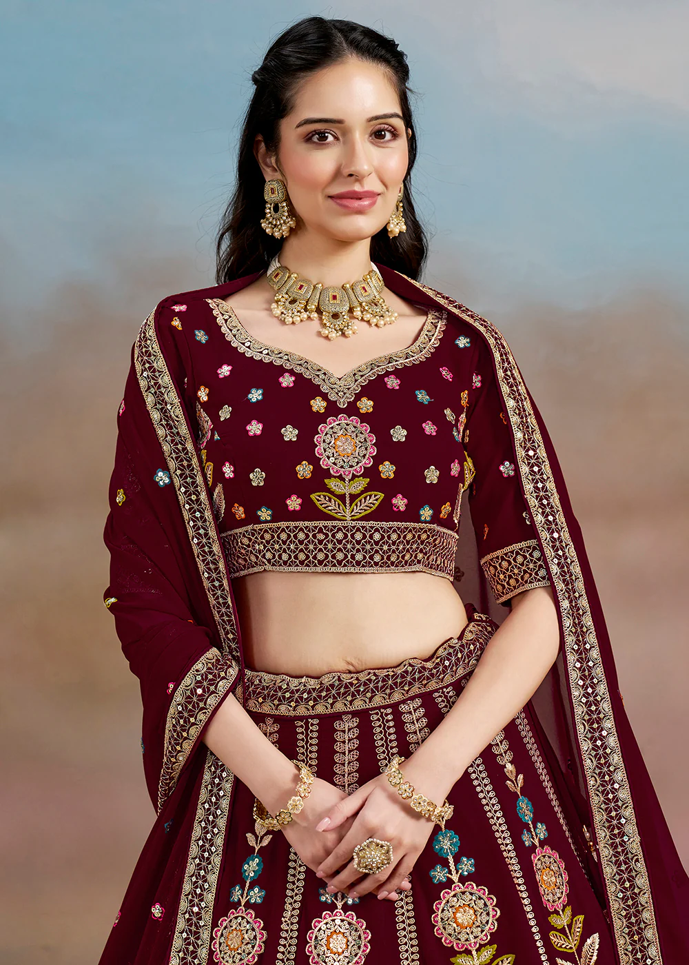 Maroon Multi Color Threads Work Festive Lehenga Choli - Image 2