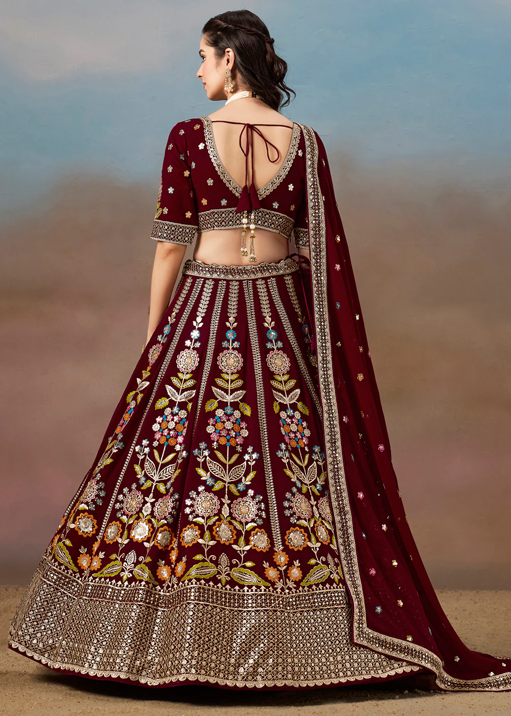 Maroon Multi Color Threads Work Festive Lehenga Choli - Image 3