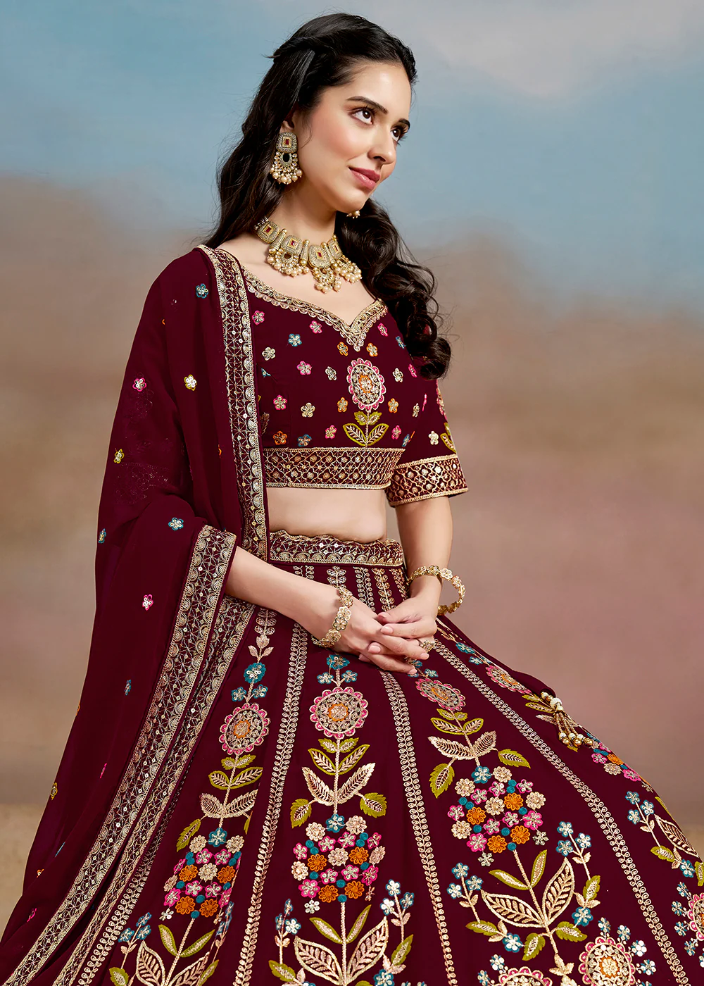 Maroon Multi Color Threads Work Festive Lehenga Choli - Image 4