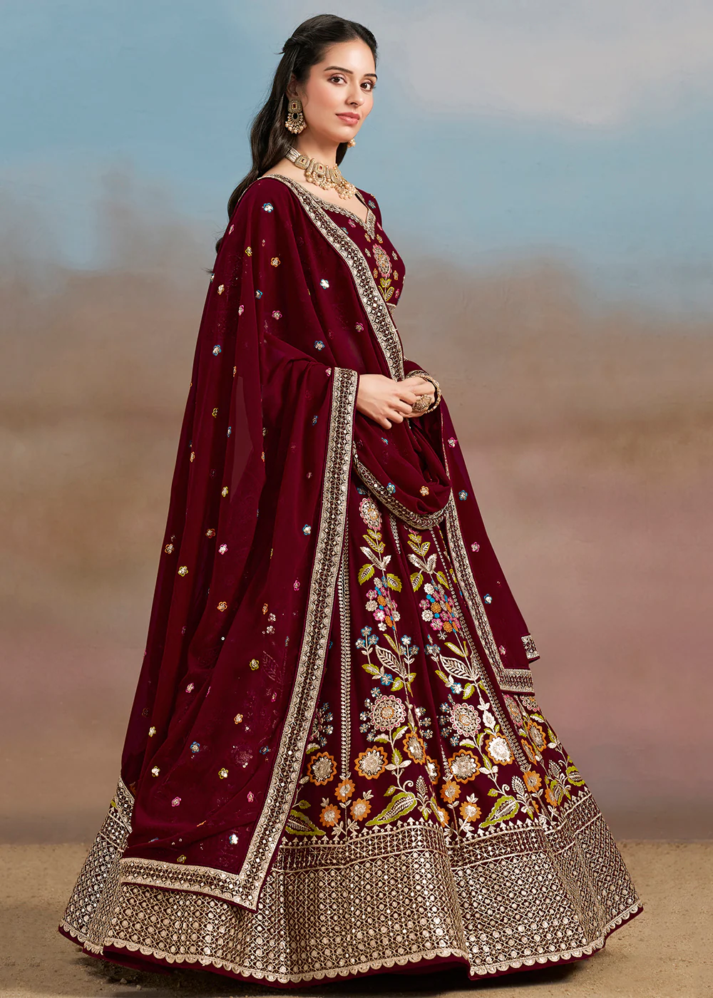 Maroon Multi Color Threads Work Festive Lehenga Choli - Image 5