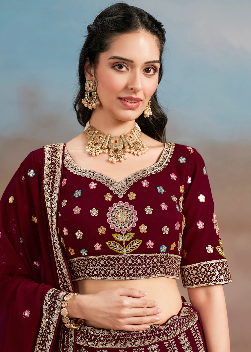 Maroon Multi Color Threads Work Festive Lehenga Choli - Image 6