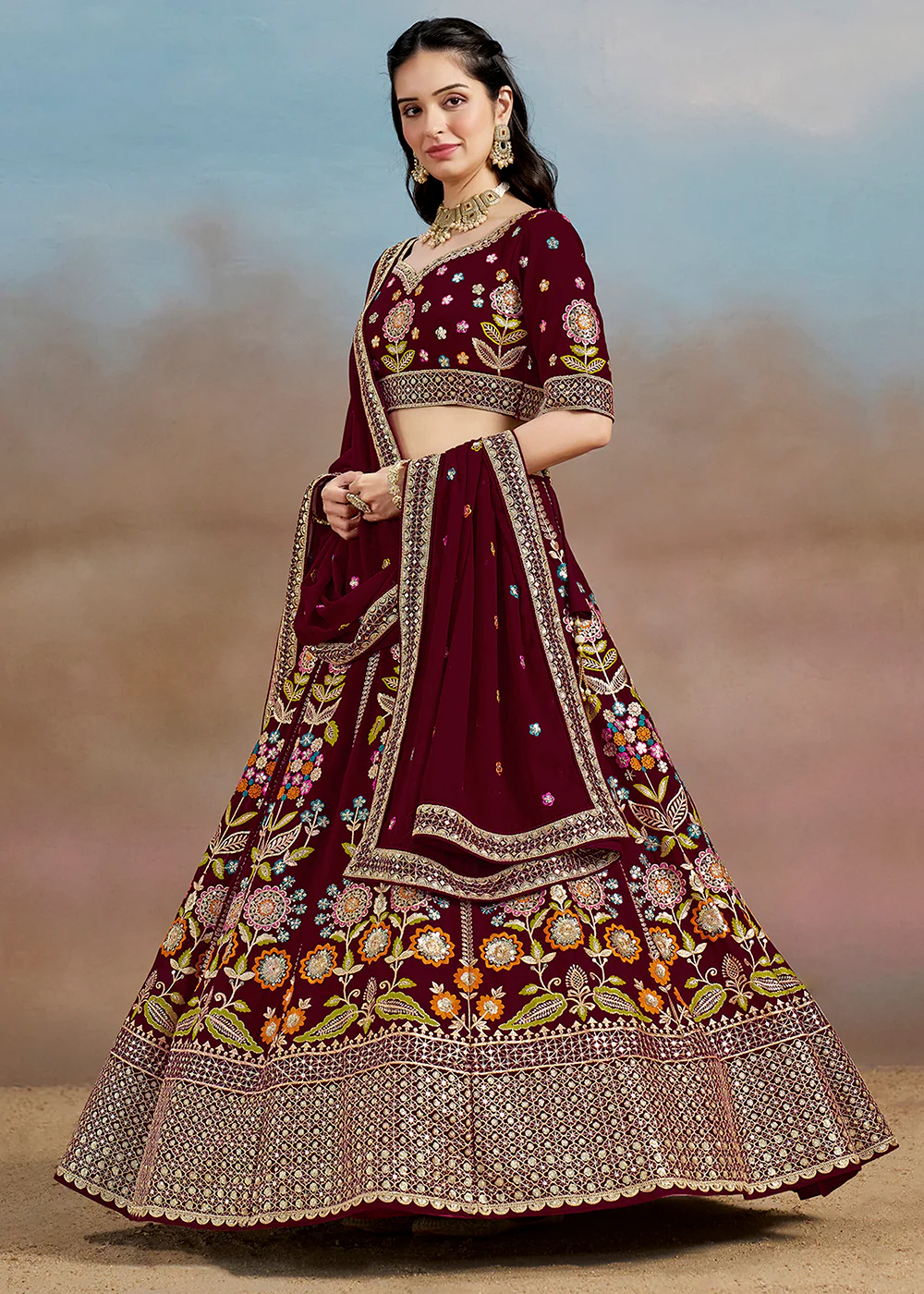 Maroon Multi Color Threads Work Festive Lehenga Choli - Image 7