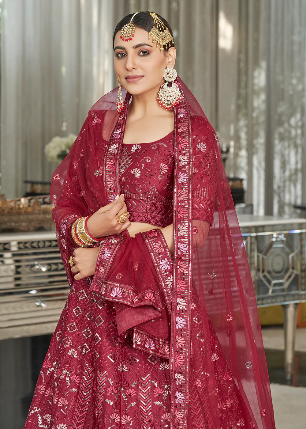 Maroon Multi Sequins & Thread Wedding A Line Lehenga - Image 2