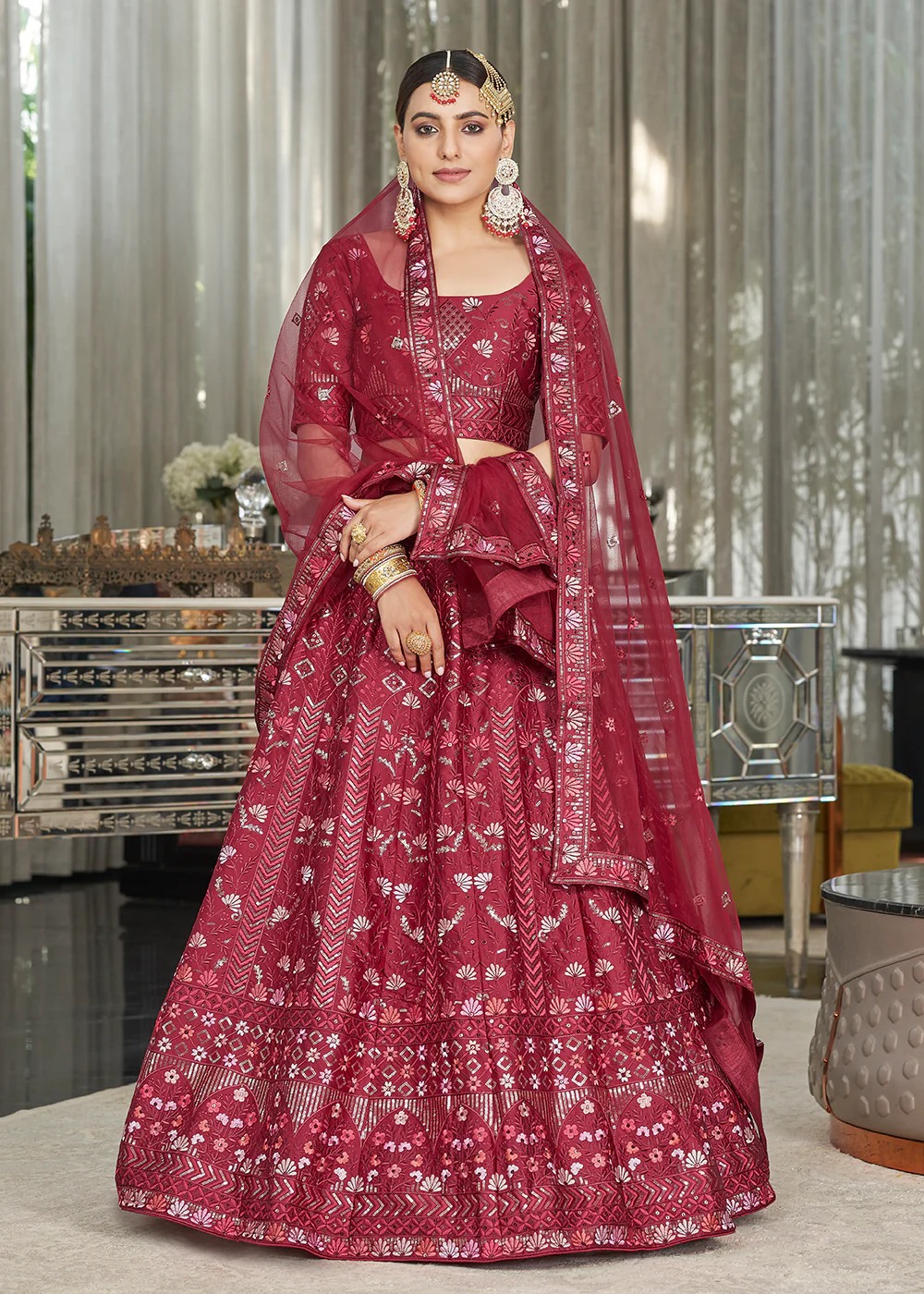 Maroon Multi Sequins & Thread Wedding A Line Lehenga - Image 3