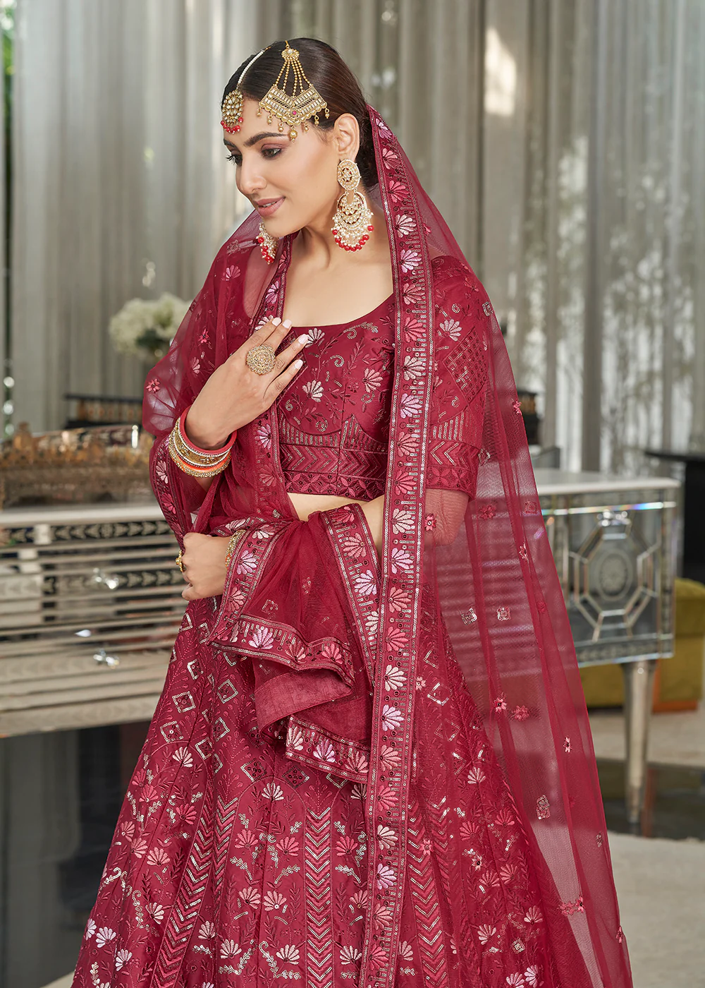 Maroon Multi Sequins & Thread Wedding A Line Lehenga - Image 4
