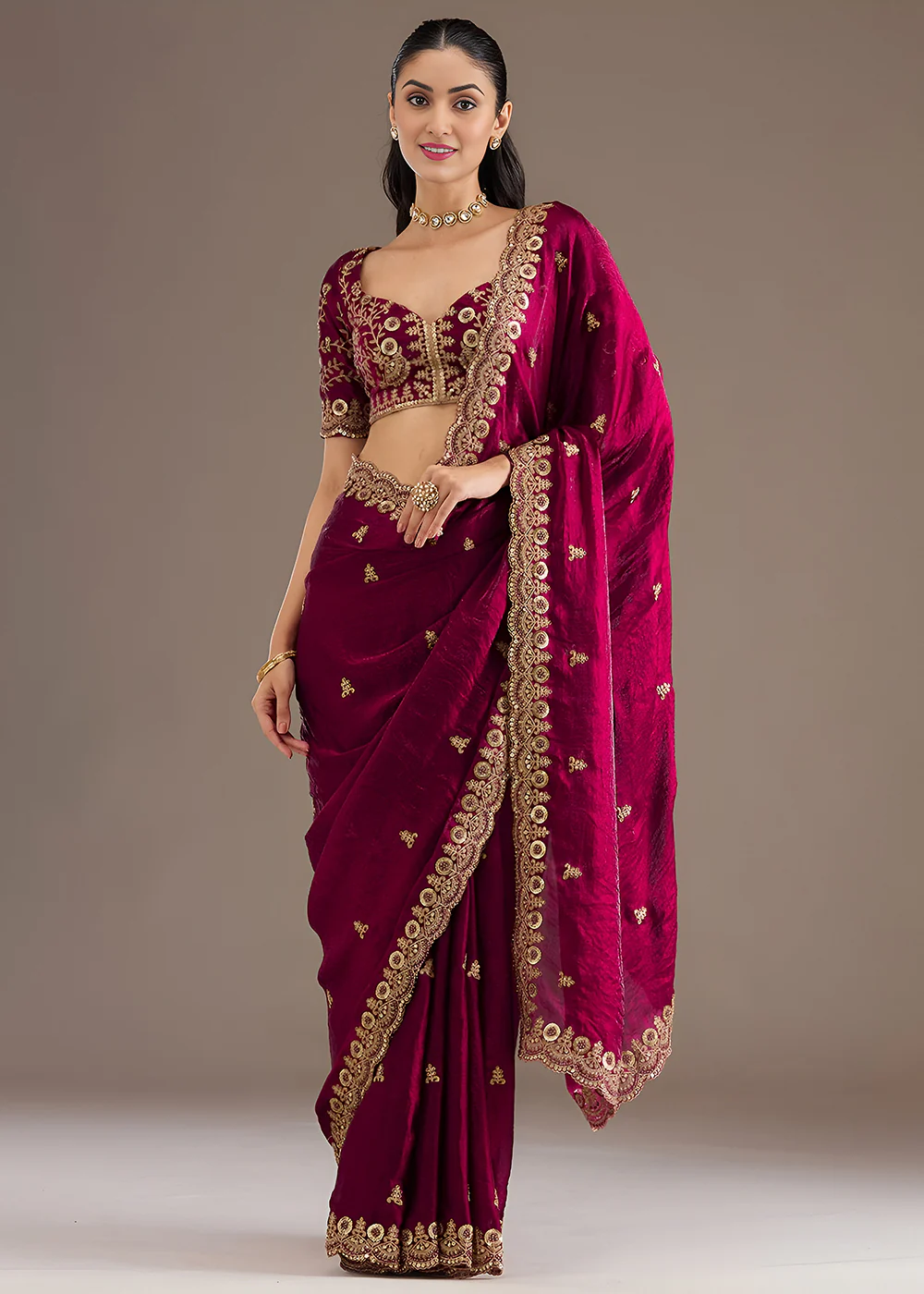 Maroon Multiple Sequins Embroidered Wedding Saree