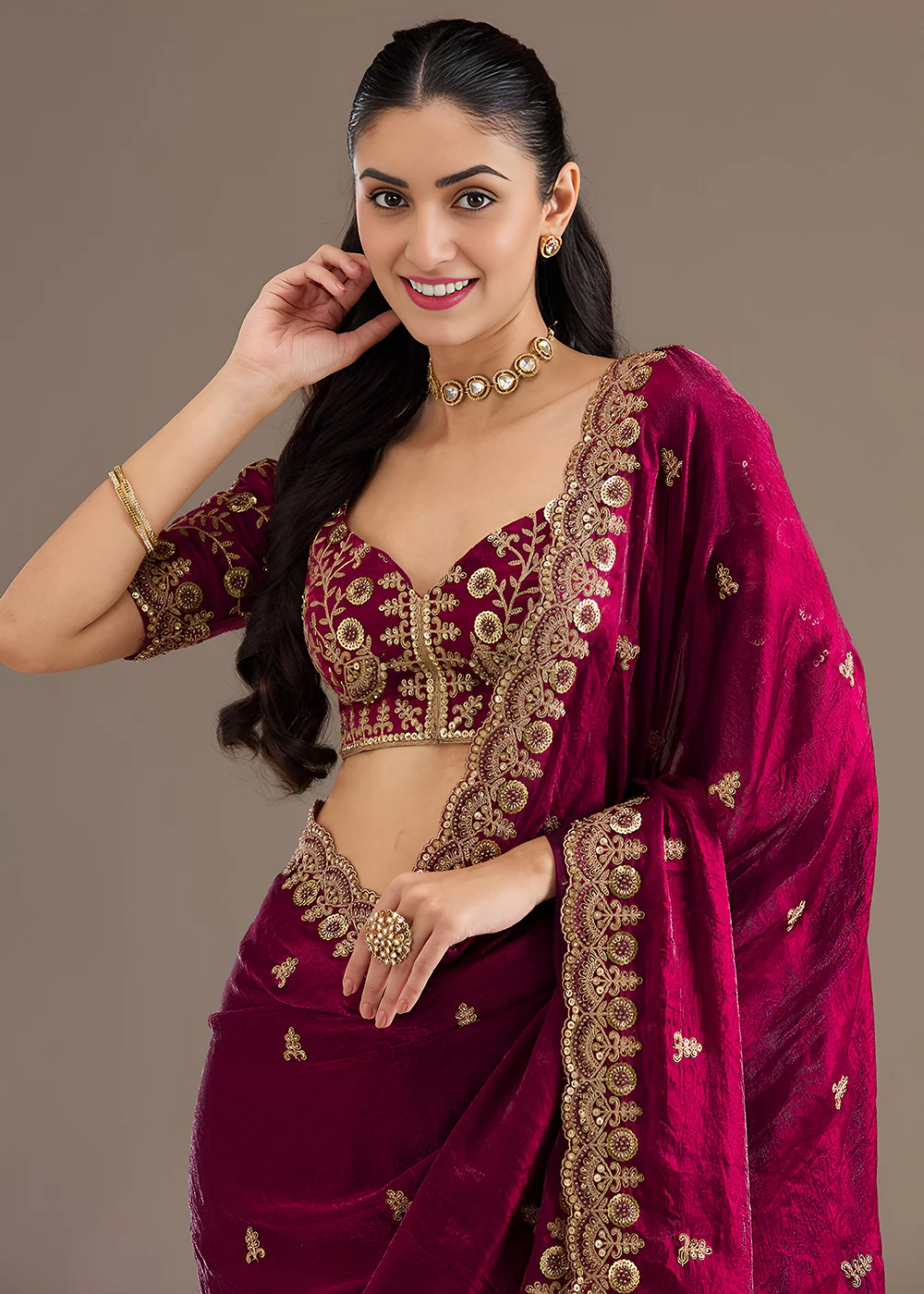Maroon Multiple Sequins Embroidered Wedding Saree - Image 2
