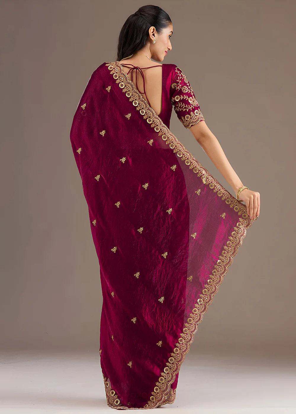 Maroon Multiple Sequins Embroidered Wedding Saree - Image 3