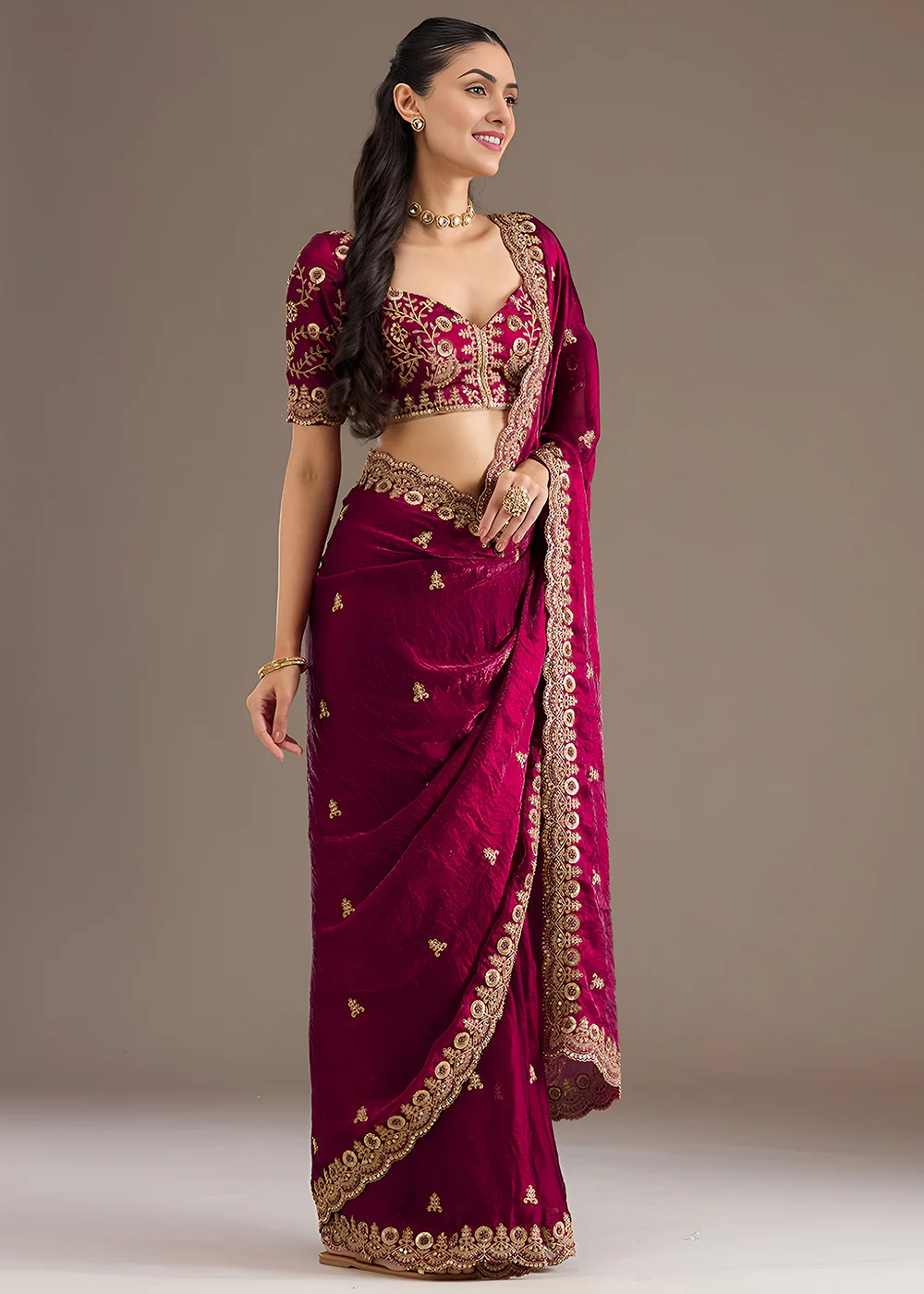 Maroon Multiple Sequins Embroidered Wedding Saree - Image 4
