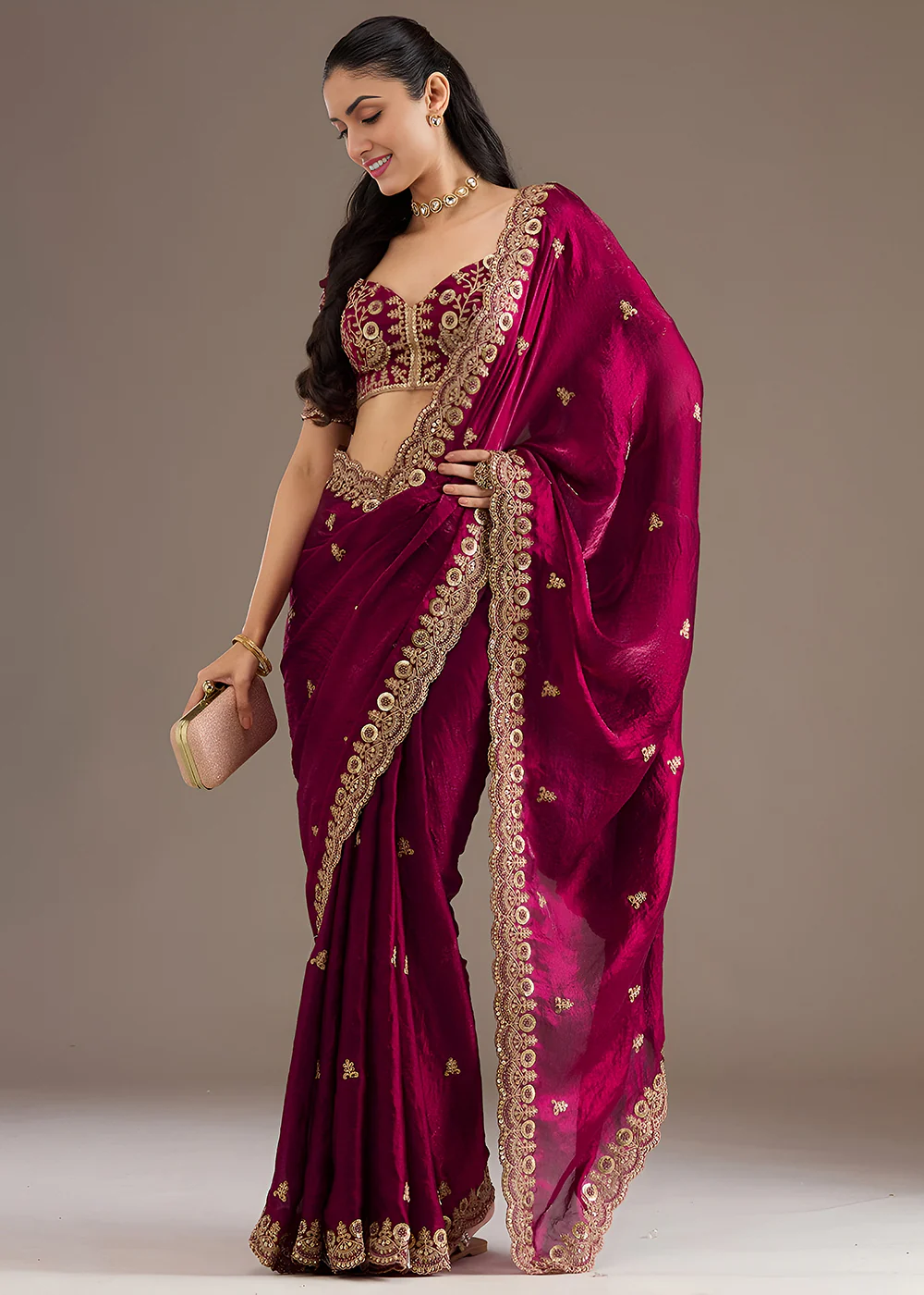 Maroon Multiple Sequins Embroidered Wedding Saree - Image 5