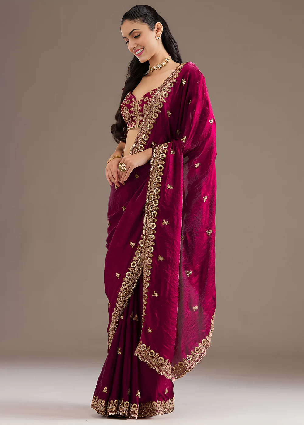 Maroon Multiple Sequins Embroidered Wedding Saree - Image 6