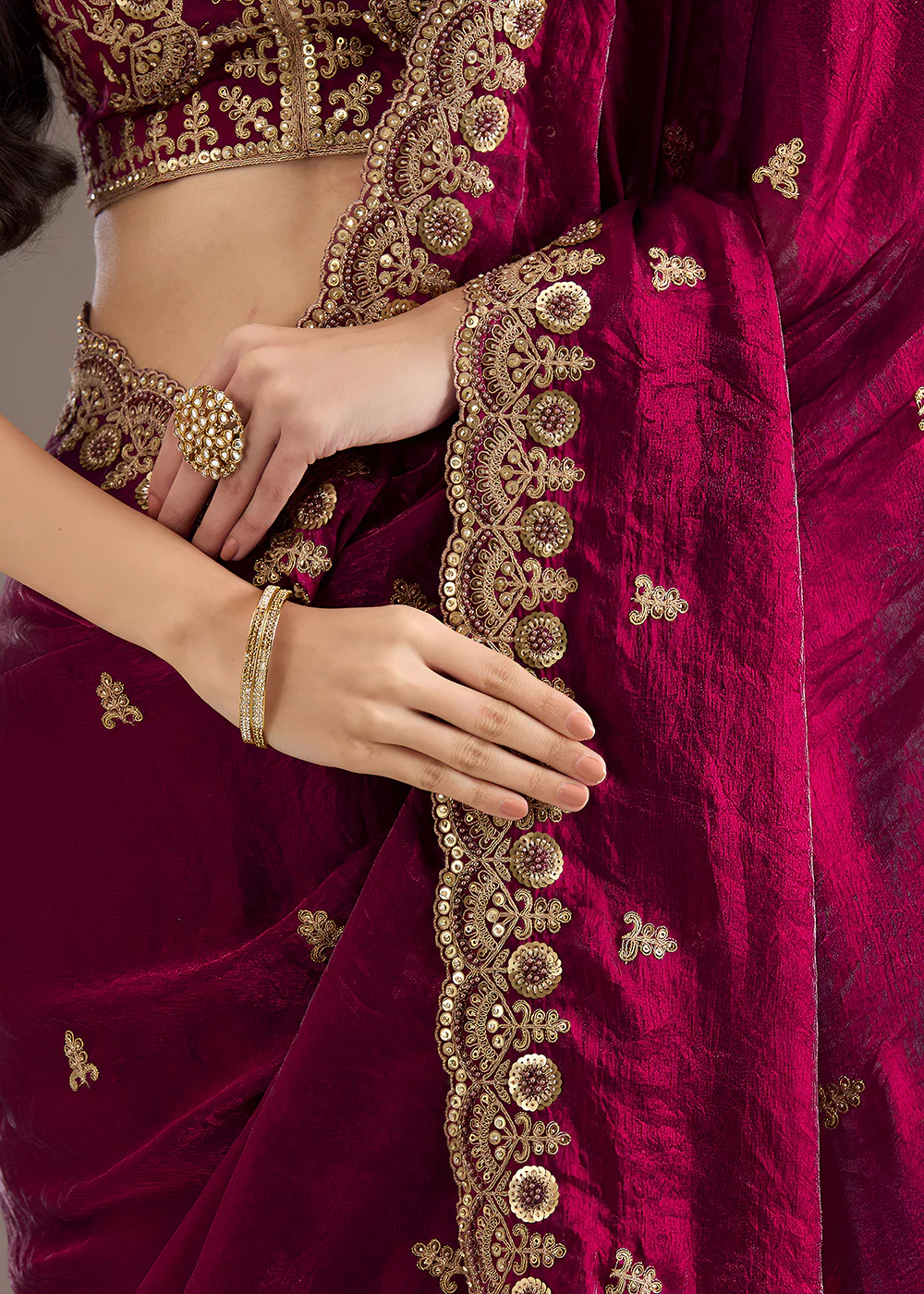 Maroon Multiple Sequins Embroidered Wedding Saree - Image 7