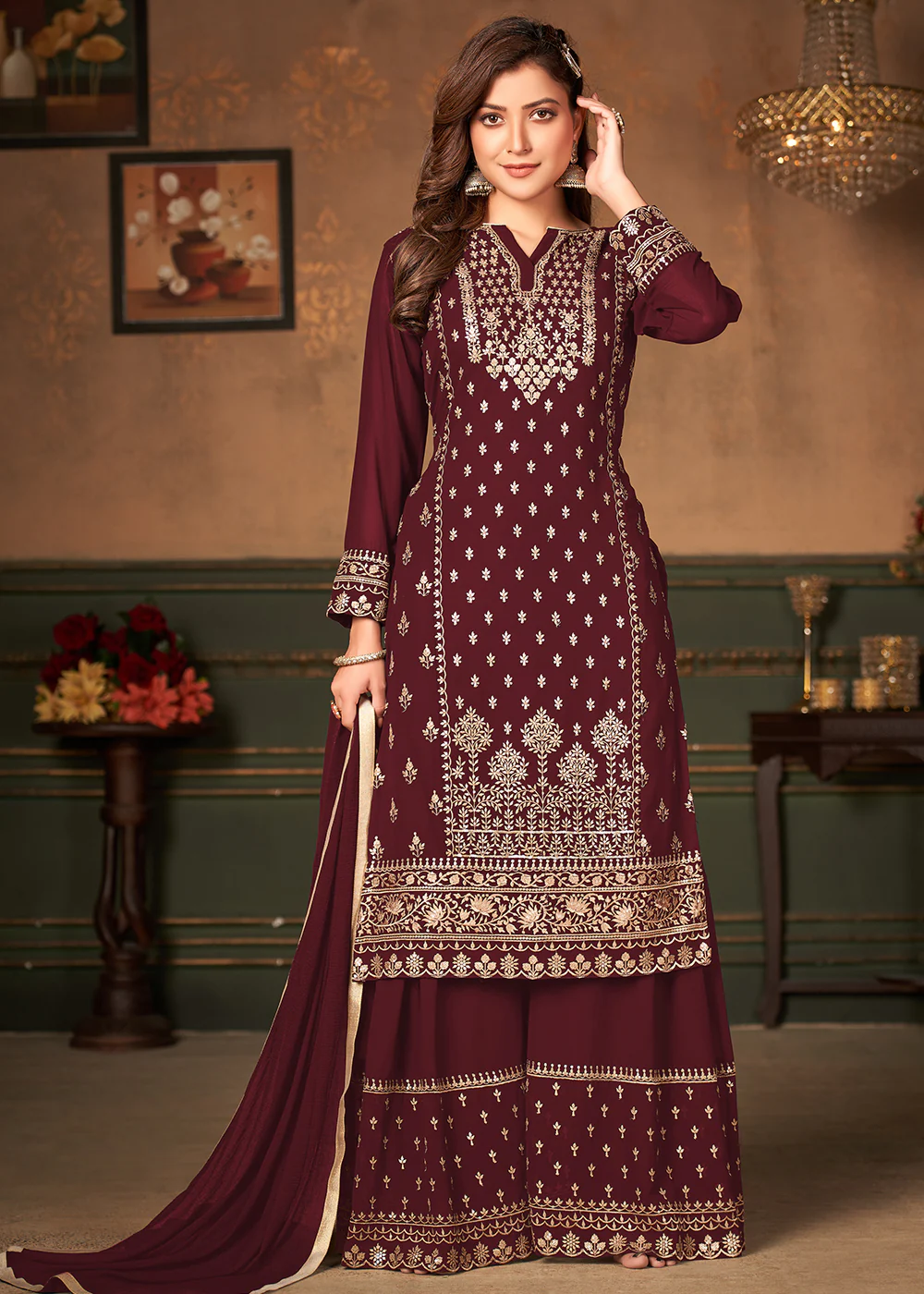 Maroon Pakistani Sharara Style Georgette Embroidered Suit - Image 3