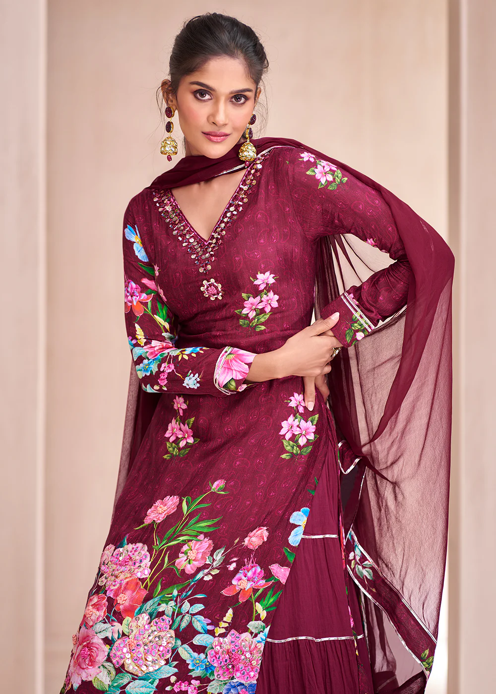 Maroon Pure Muslin Embroidered Lehenga Skirt Suit - Image 2