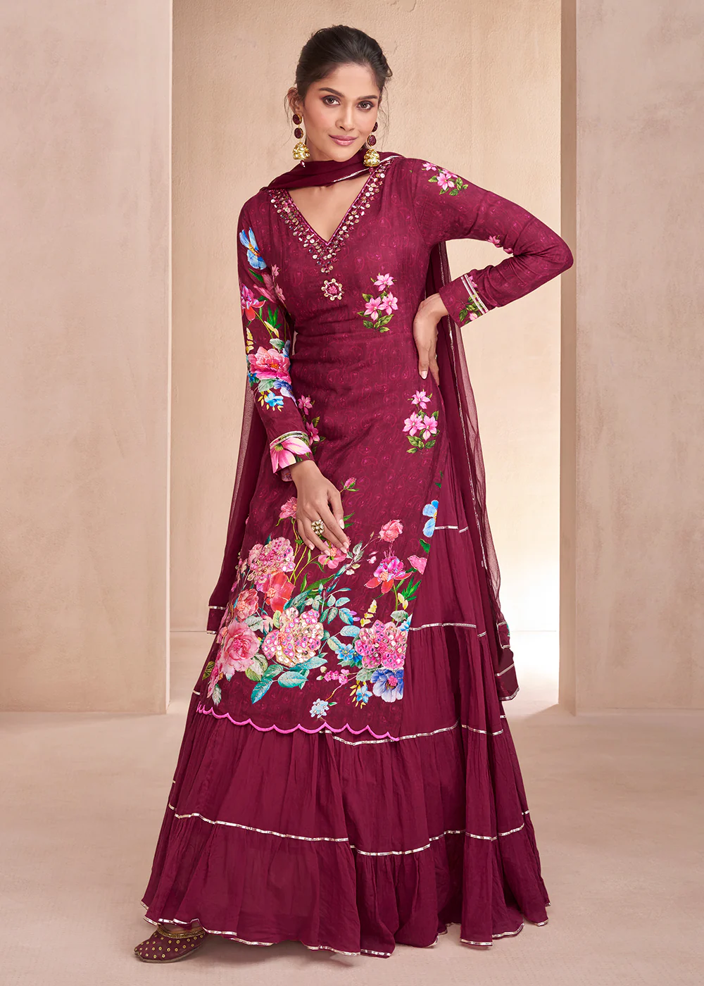 Maroon Pure Muslin Embroidered Lehenga Skirt Suit - Image 3