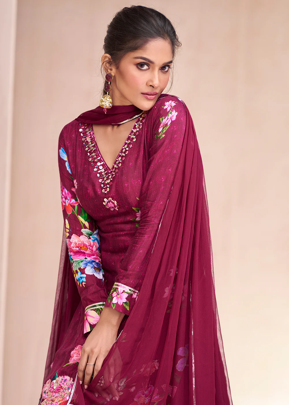 Maroon Pure Muslin Embroidered Lehenga Skirt Suit - Image 4
