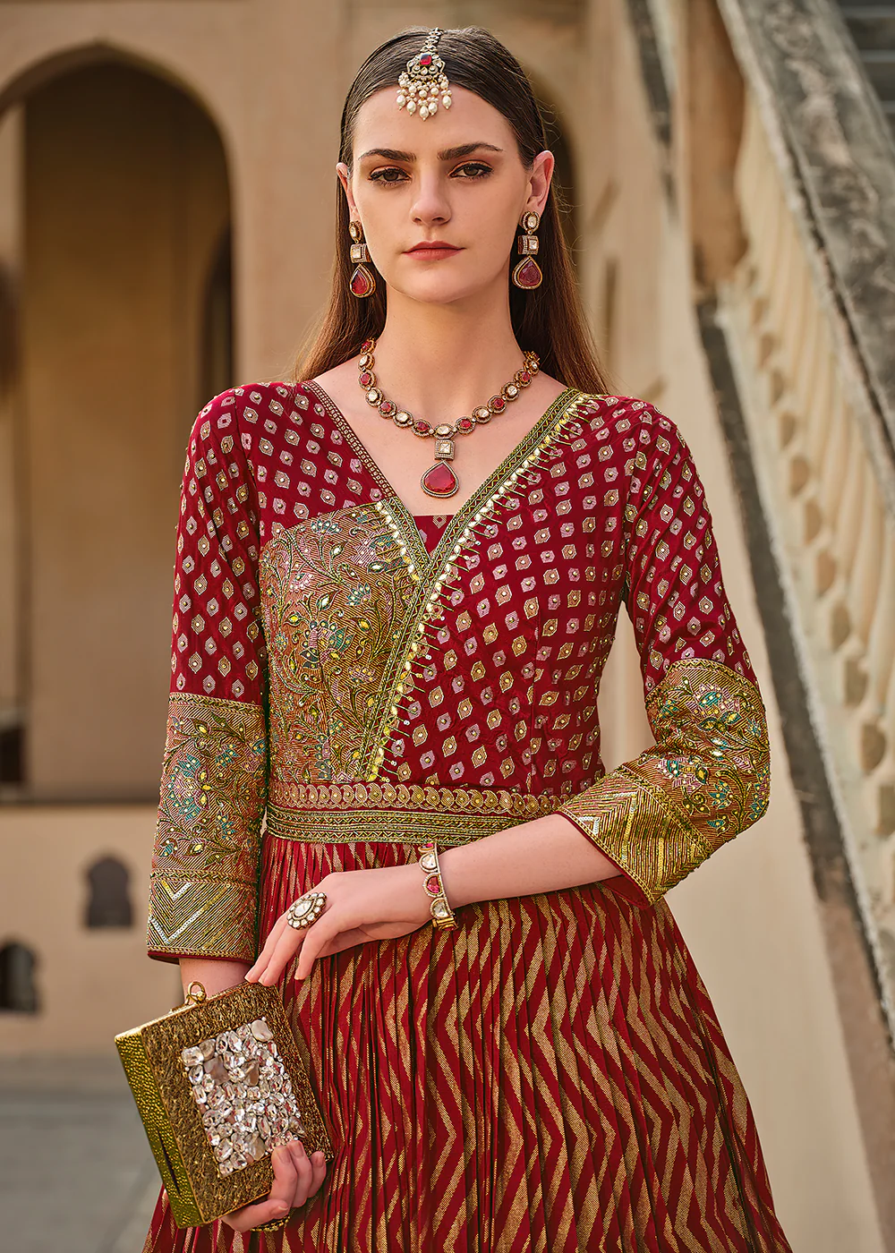 Maroon Silk Foil Printed & Embroidered Traditional Gown - Image 2