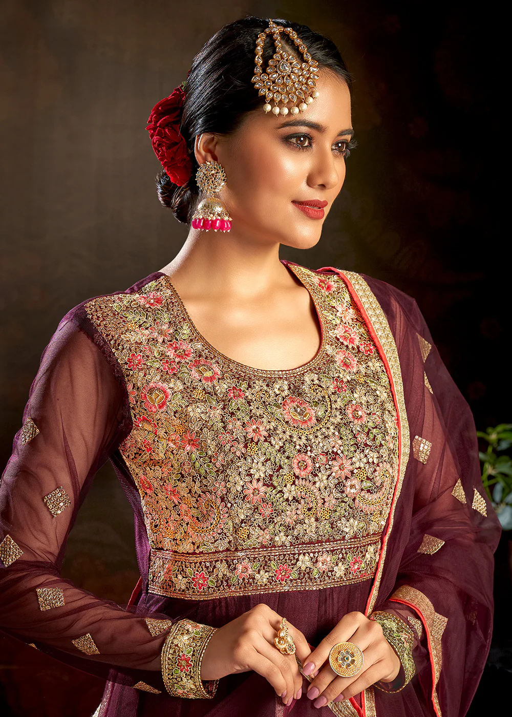 Maroon Sparkly Net Embroidered Designer Anarkali Suit - Image 2