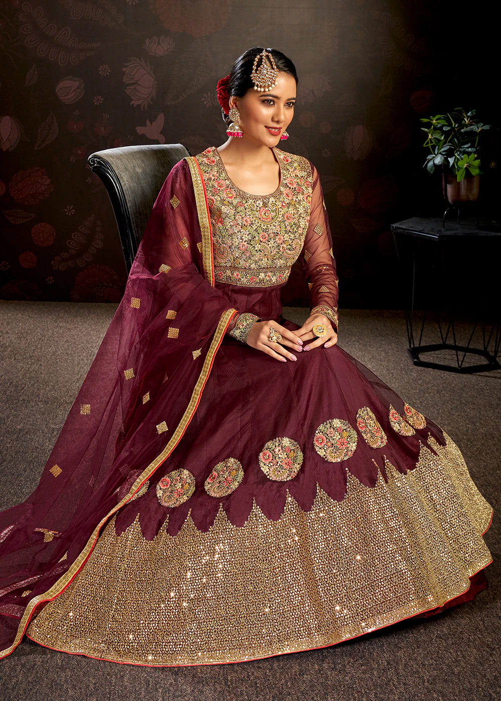 Maroon Sparkly Net Embroidered Designer Anarkali Suit - Image 3