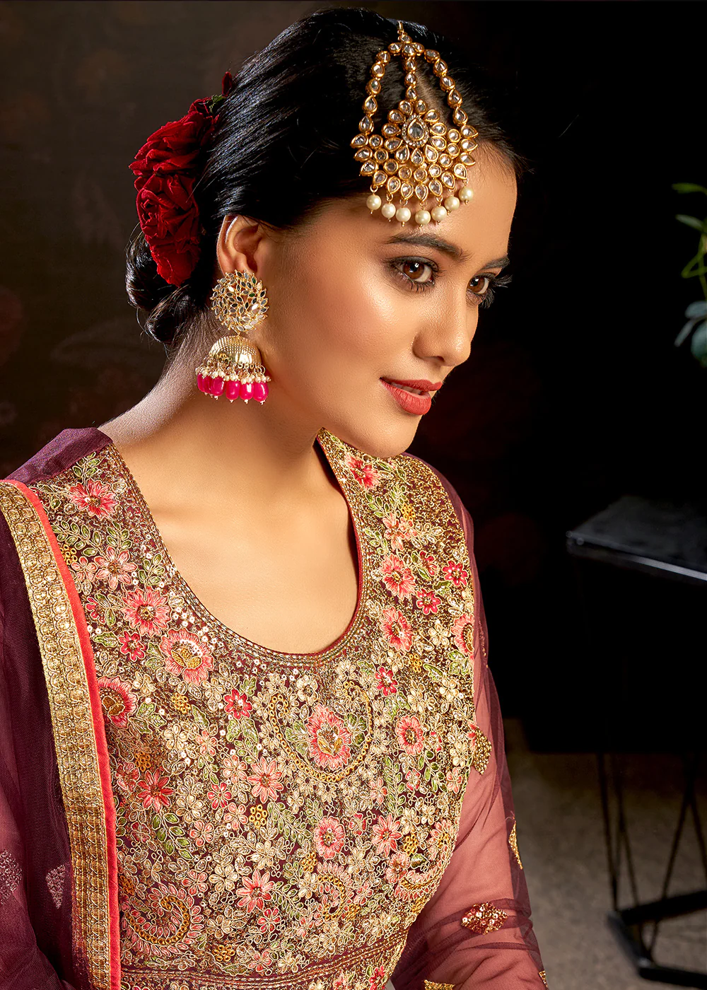Maroon Sparkly Net Embroidered Designer Anarkali Suit - Image 4