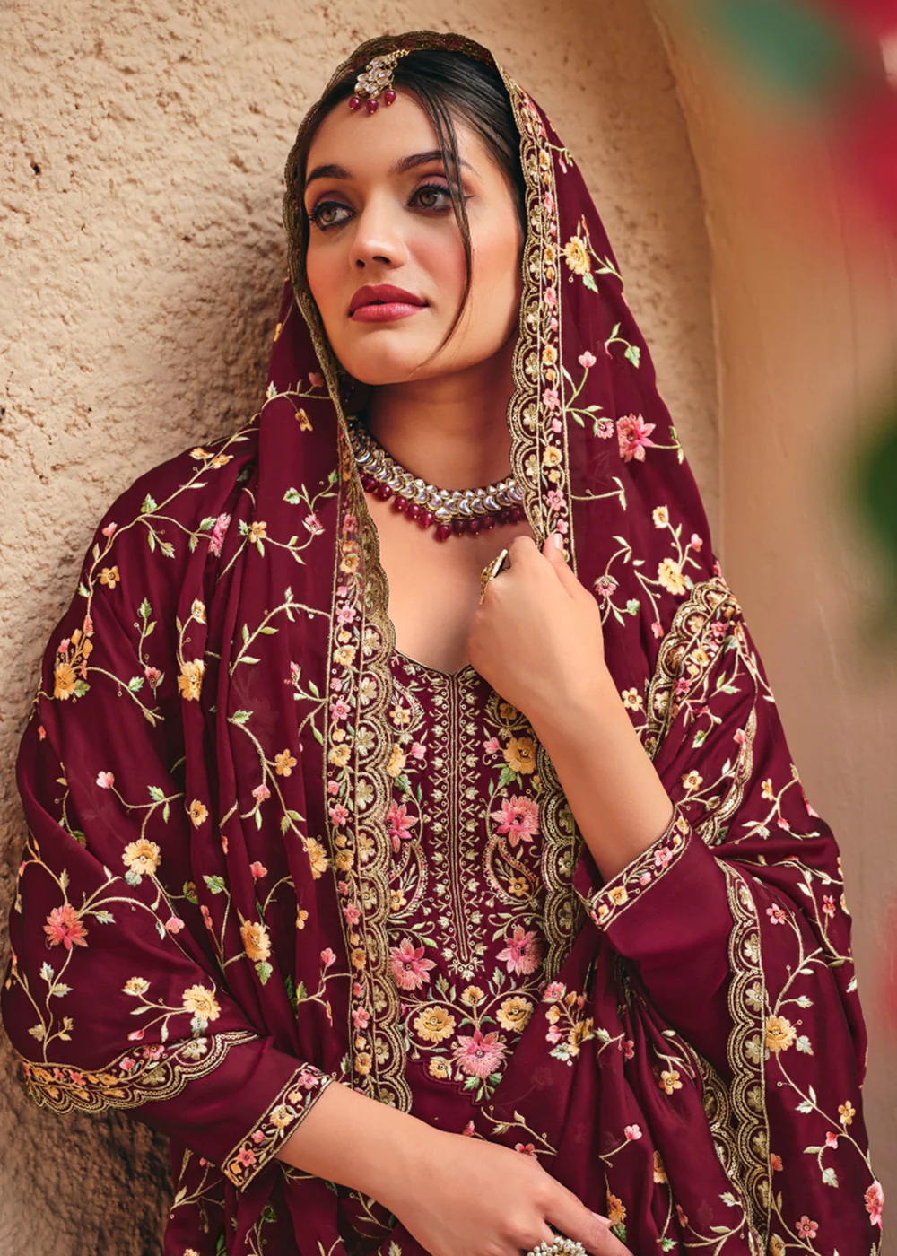 Maroon Swarovski Work & Embroidered Eid Wear Salwar Suit - Image 2