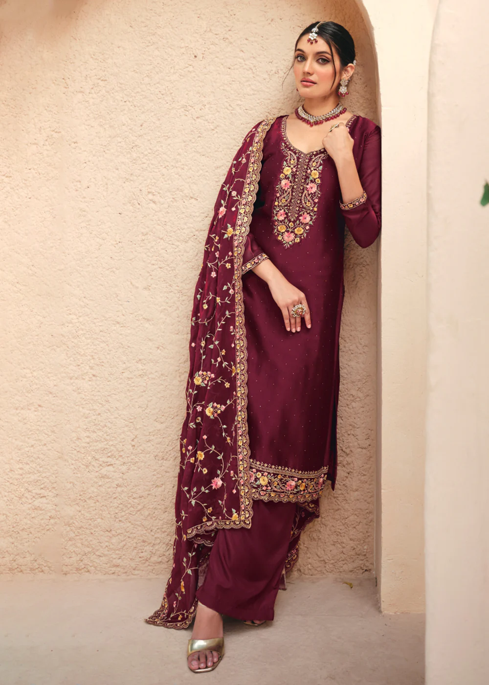 Maroon Swarovski Work & Embroidered Eid Wear Salwar Suit - Image 3