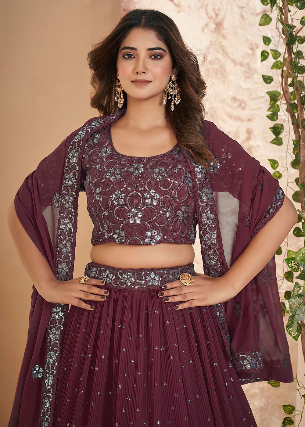 Maroon Thread & Sequins Wedding Party Lehenga Choli - Image 2