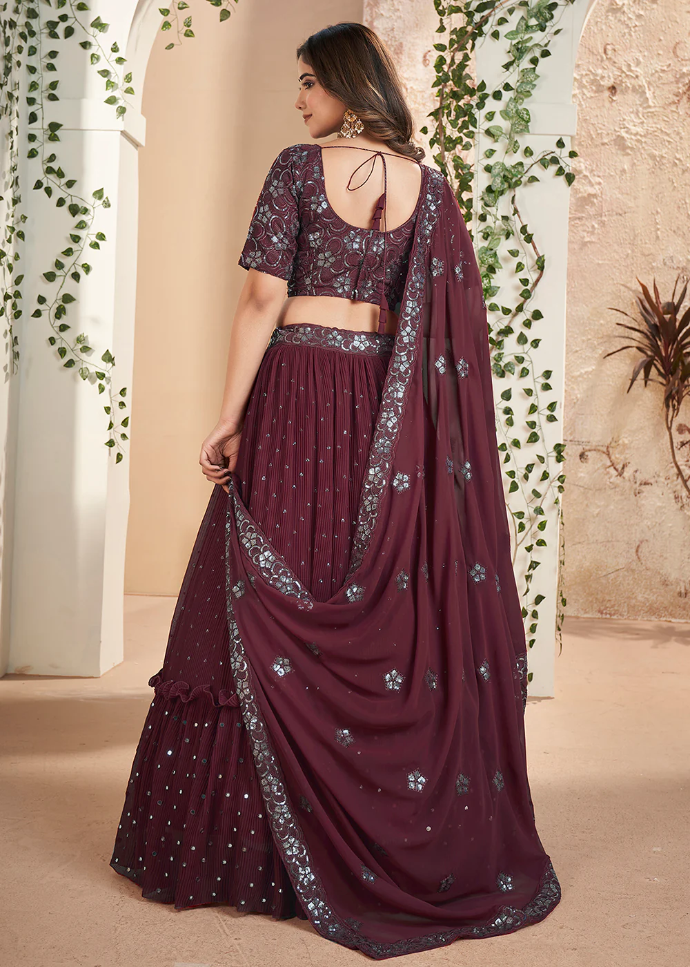Maroon Thread & Sequins Wedding Party Lehenga Choli - Image 3