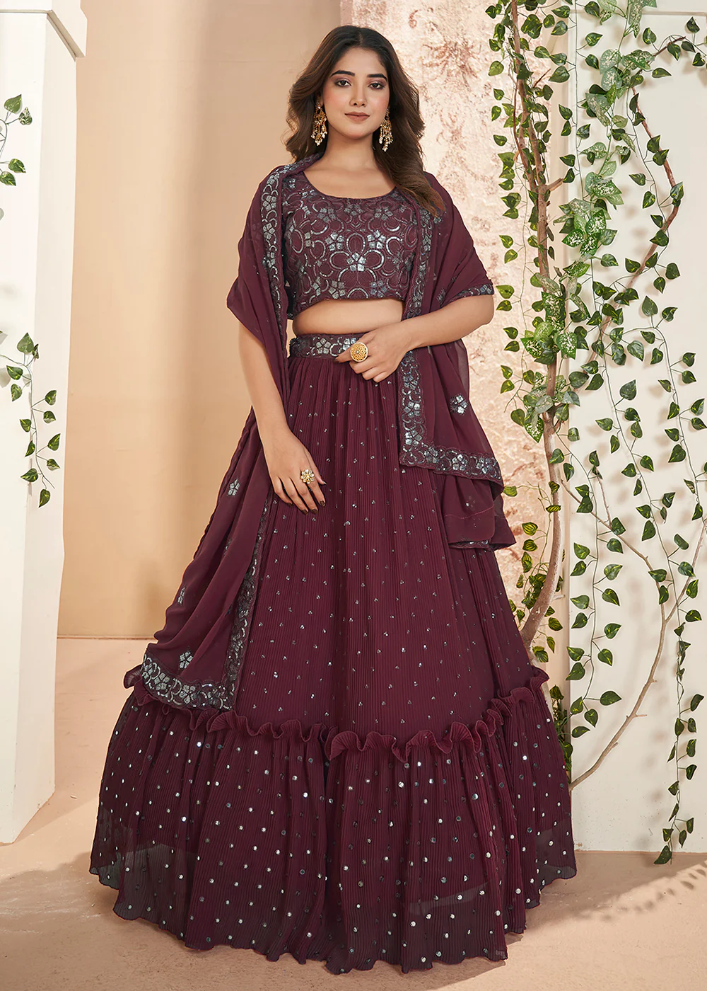 Maroon Thread & Sequins Wedding Party Lehenga Choli - Image 4