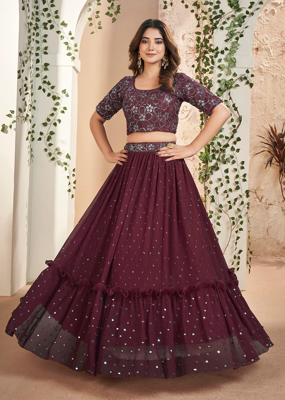 Maroon Thread & Sequins Wedding Party Lehenga Choli - Image 5