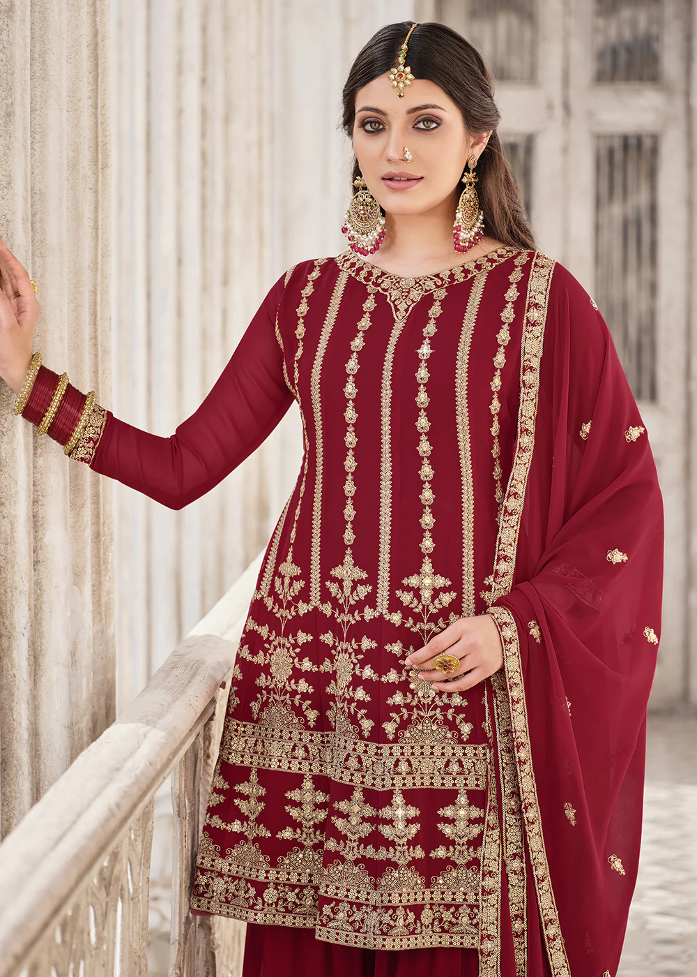 Maroon Traditional Style Georgette Designer Palazzo Suit - Image 2