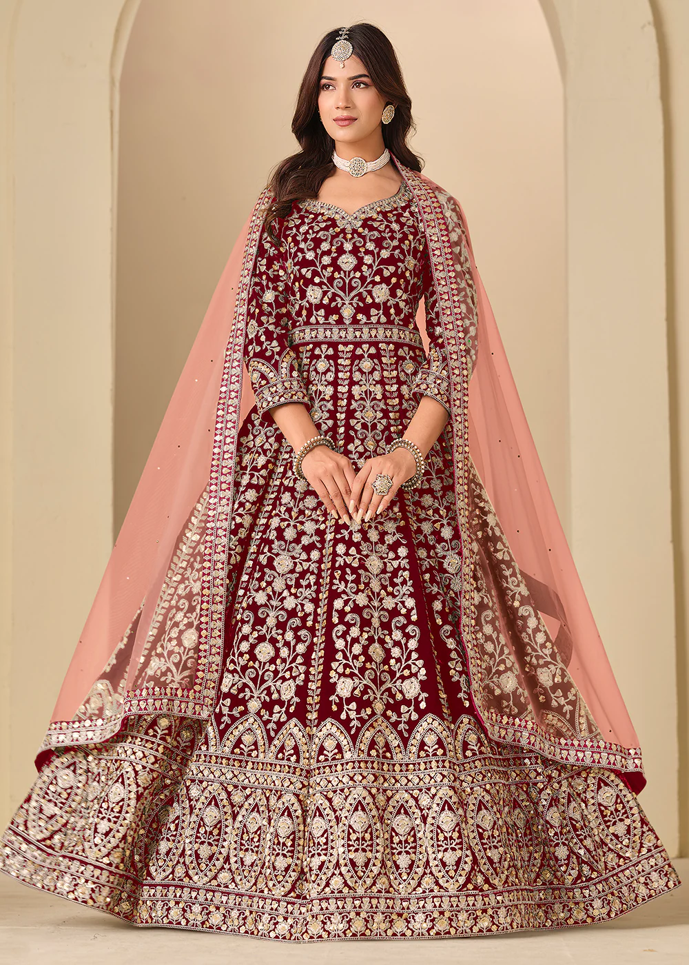 Maroon Velvet Embroidered Wedding Party Wear Gown