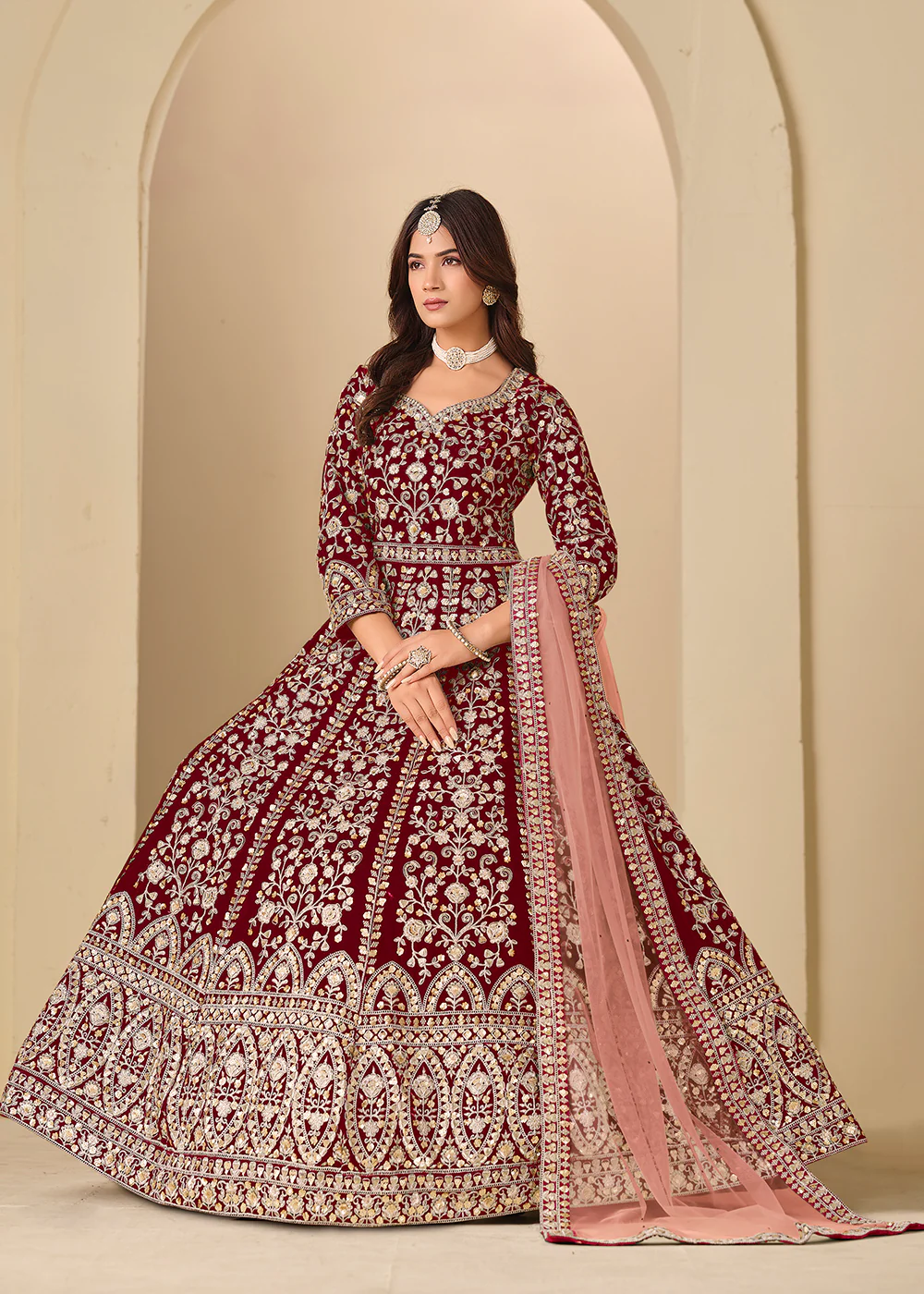 Maroon Velvet Embroidered Wedding Party Wear Gown - Image 4