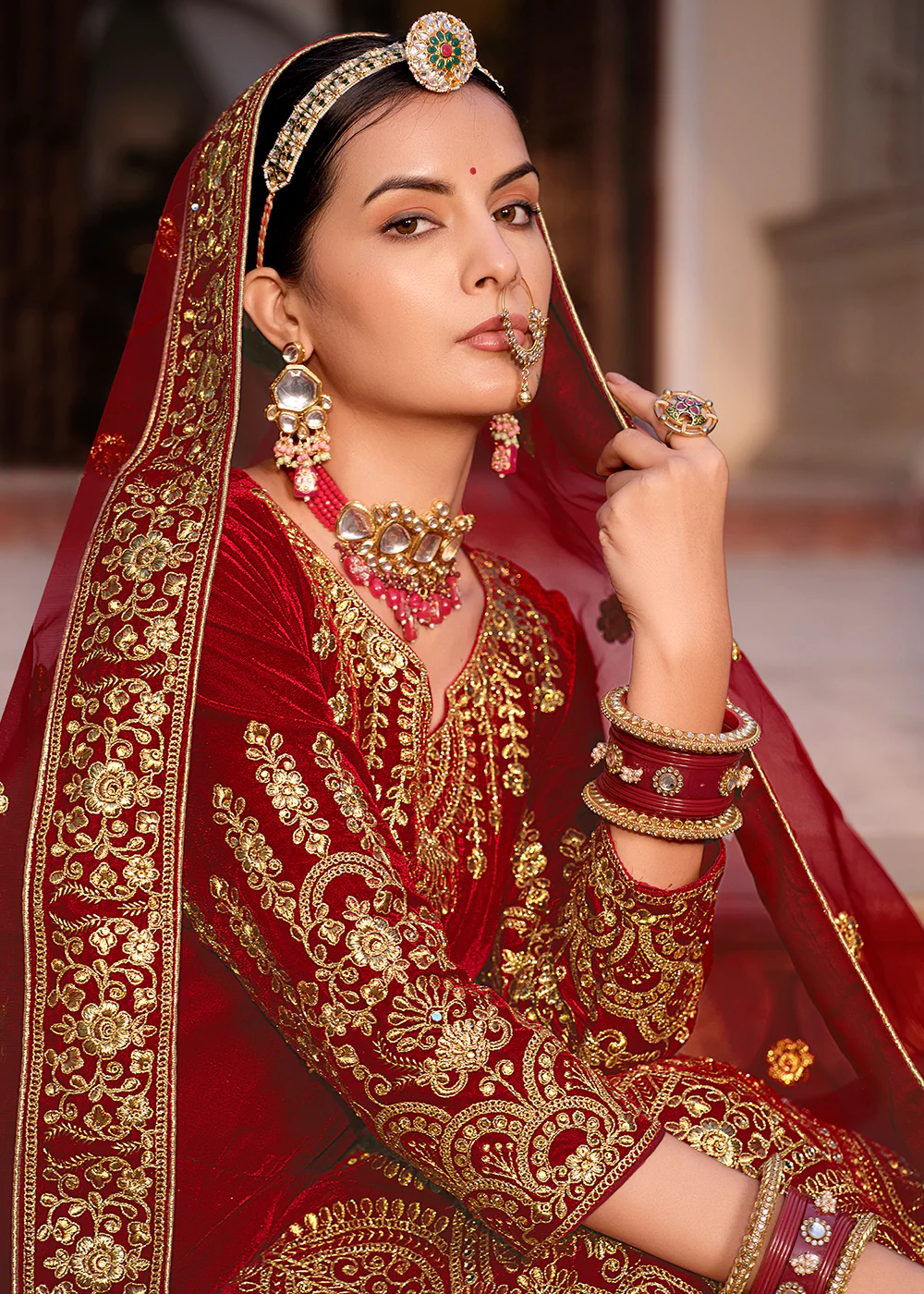 Maroon Velvet Front & Back Embroidery Wedding Anarkali Suit - Image 2