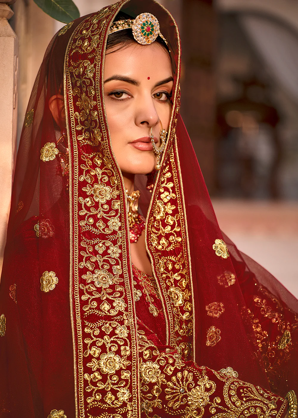 Maroon Velvet Front & Back Embroidery Wedding Anarkali Suit - Image 3